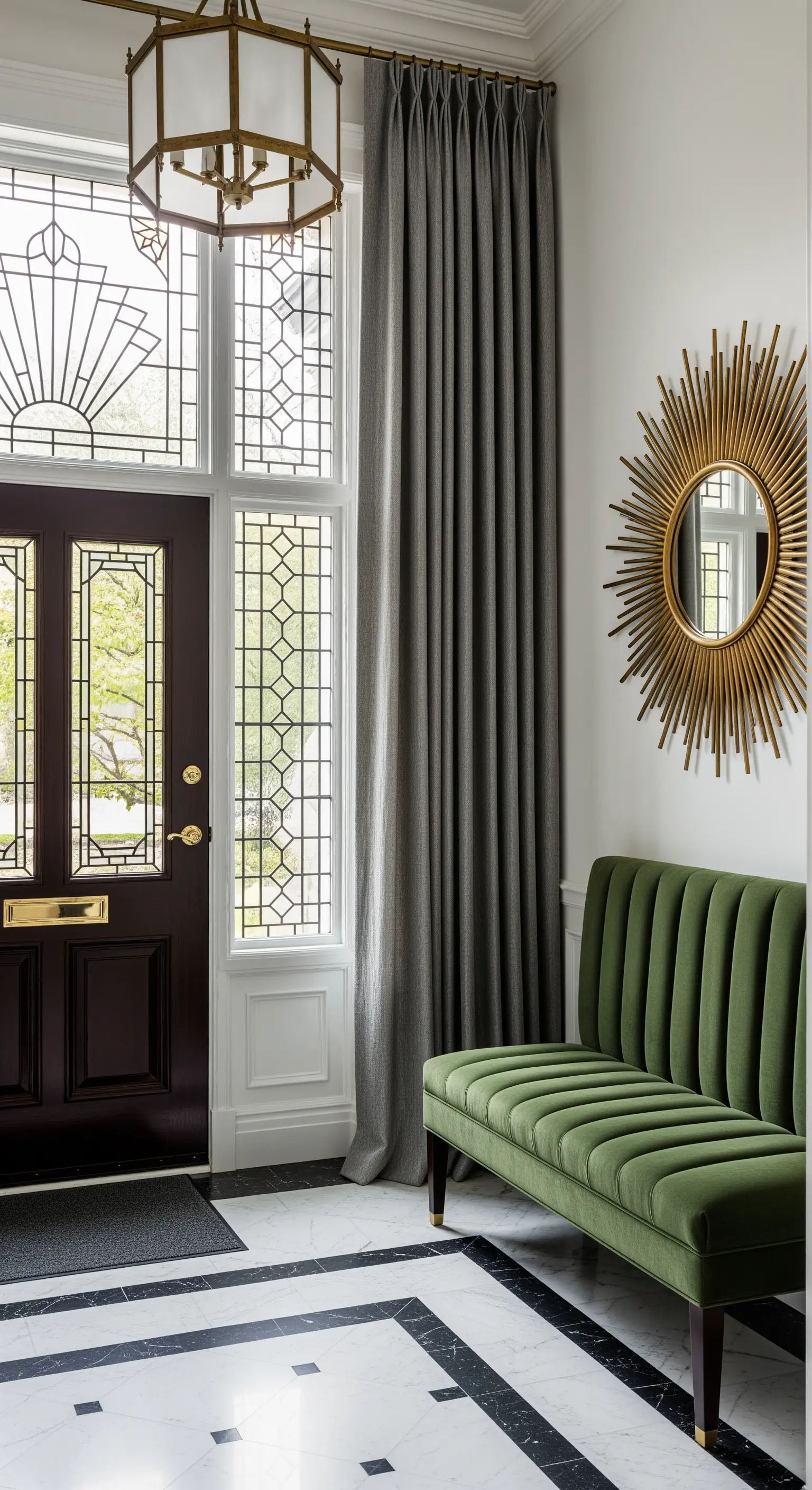 Ingresso Art Deco con panca in velluto verde, specchio a raggiera dorato e tenda grigio scuro.