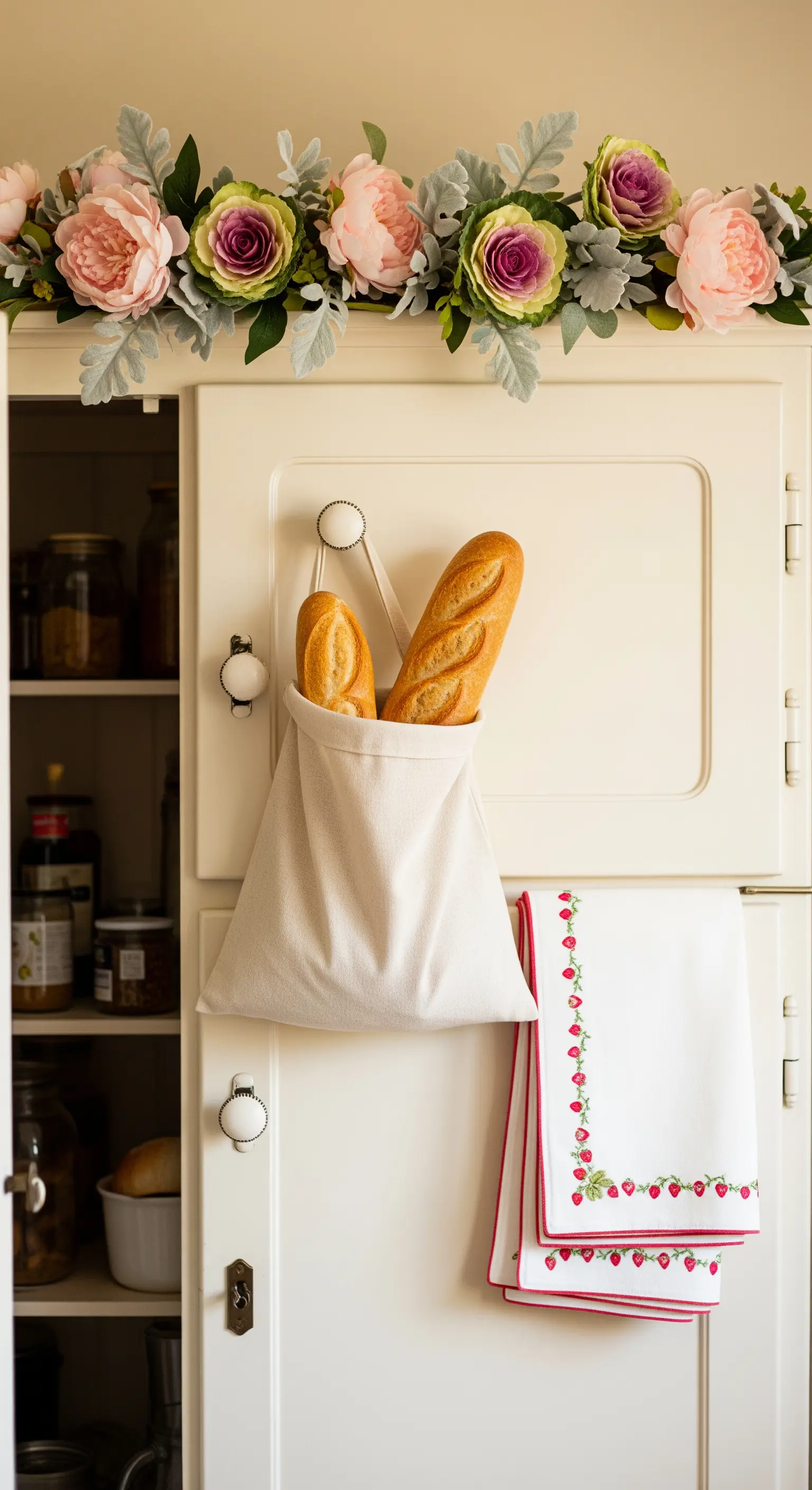 Dispensa color crema con una ghirlanda di rose di carta e un sacchetto di lino per il pane appeso.