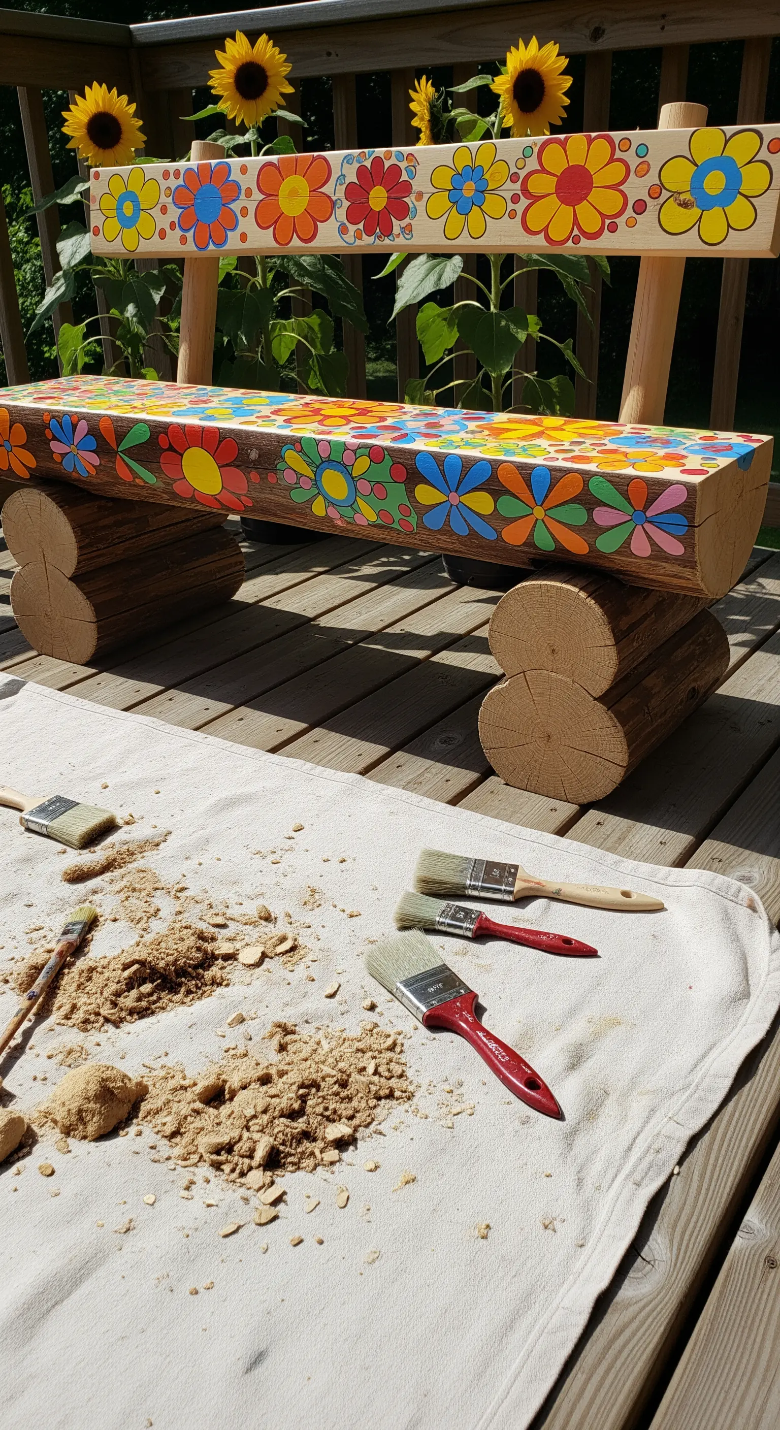 Panca di tronchi dipinta a mano con fiori stilizzati e colorati, con pennelli e segatura nelle vicinanze.