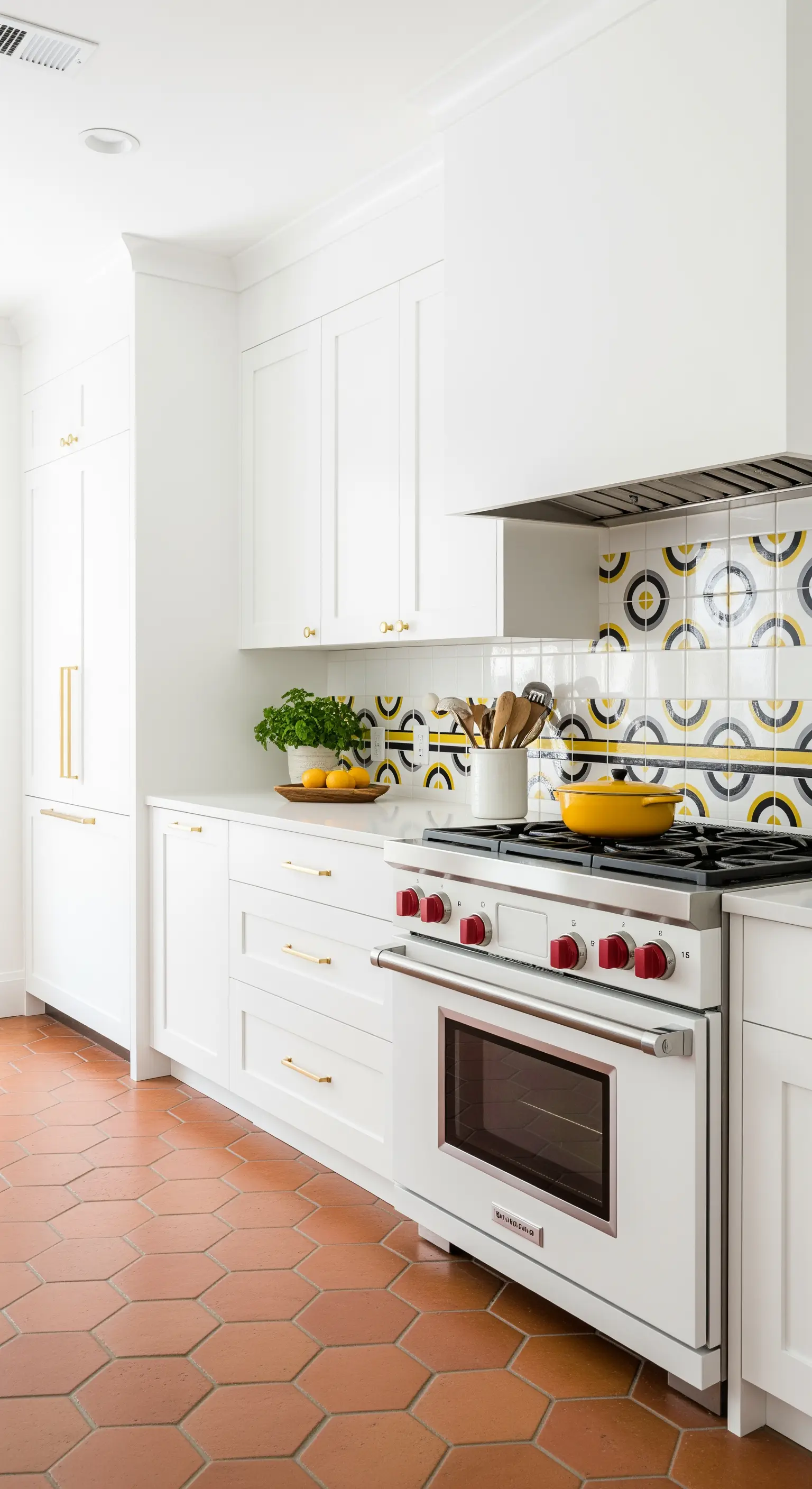 Cucina bianca con piastrelle geometriche gialle e nere e pavimento in cotto esagonale.