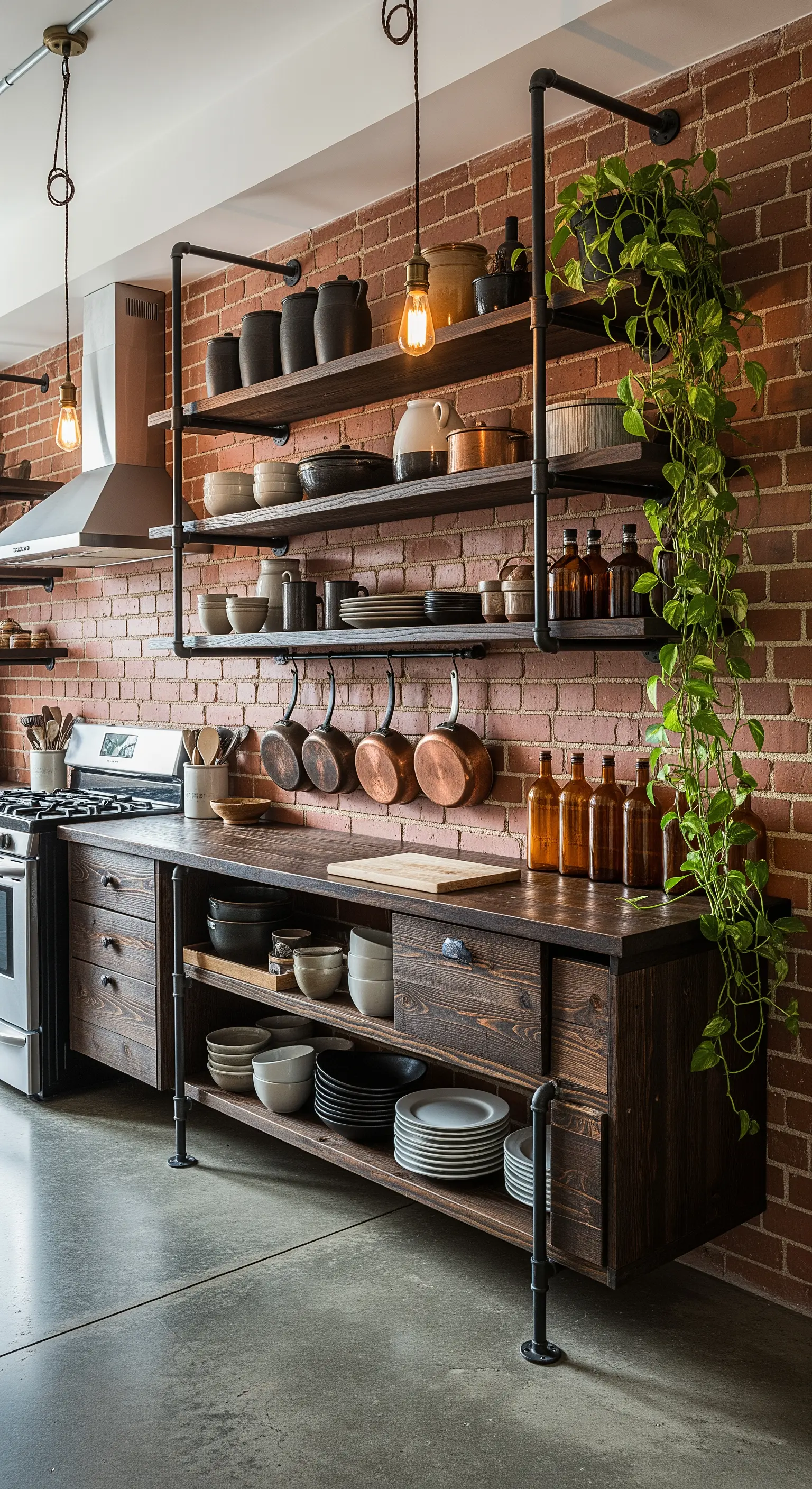 Scaffalatura industrial in tubi neri su una parete di mattoni rossi.