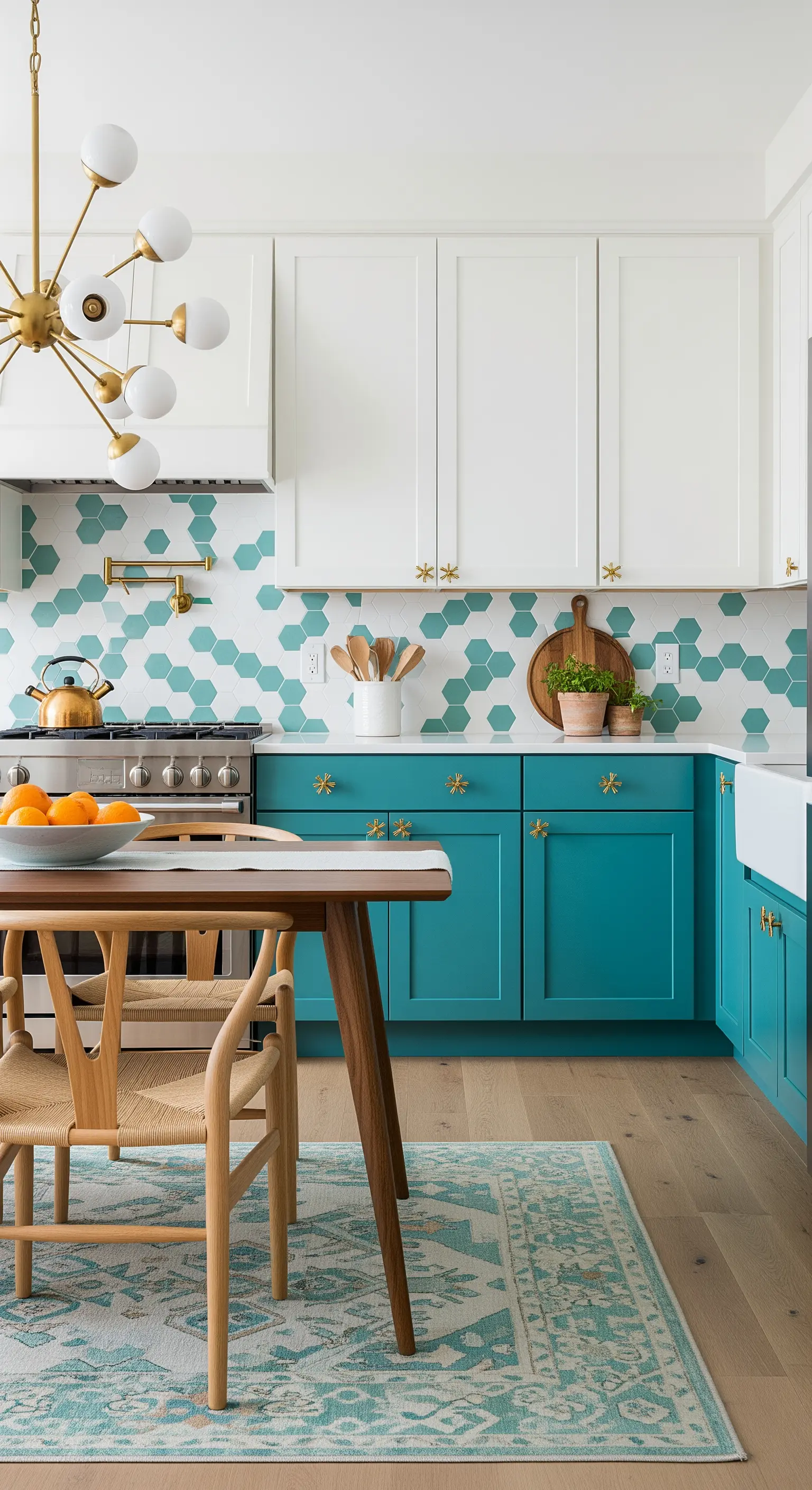 Cucina bicolore con paraschizzi a piastrelle esagonali verde acqua e dettagli dorati.