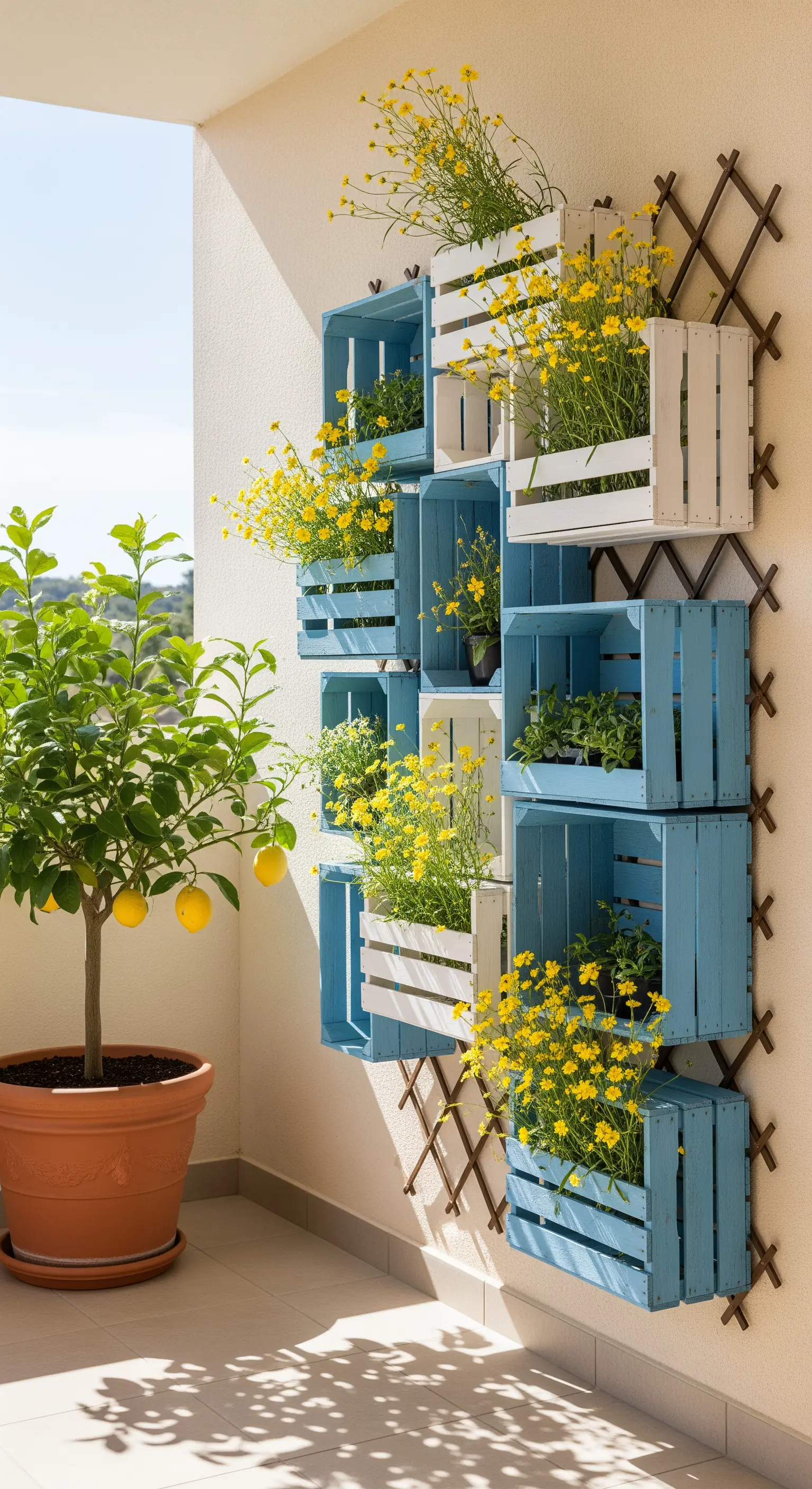 Parete con cassette di legno dipinte di blu e bianco, con fiori gialli e una pianta di limoni.
