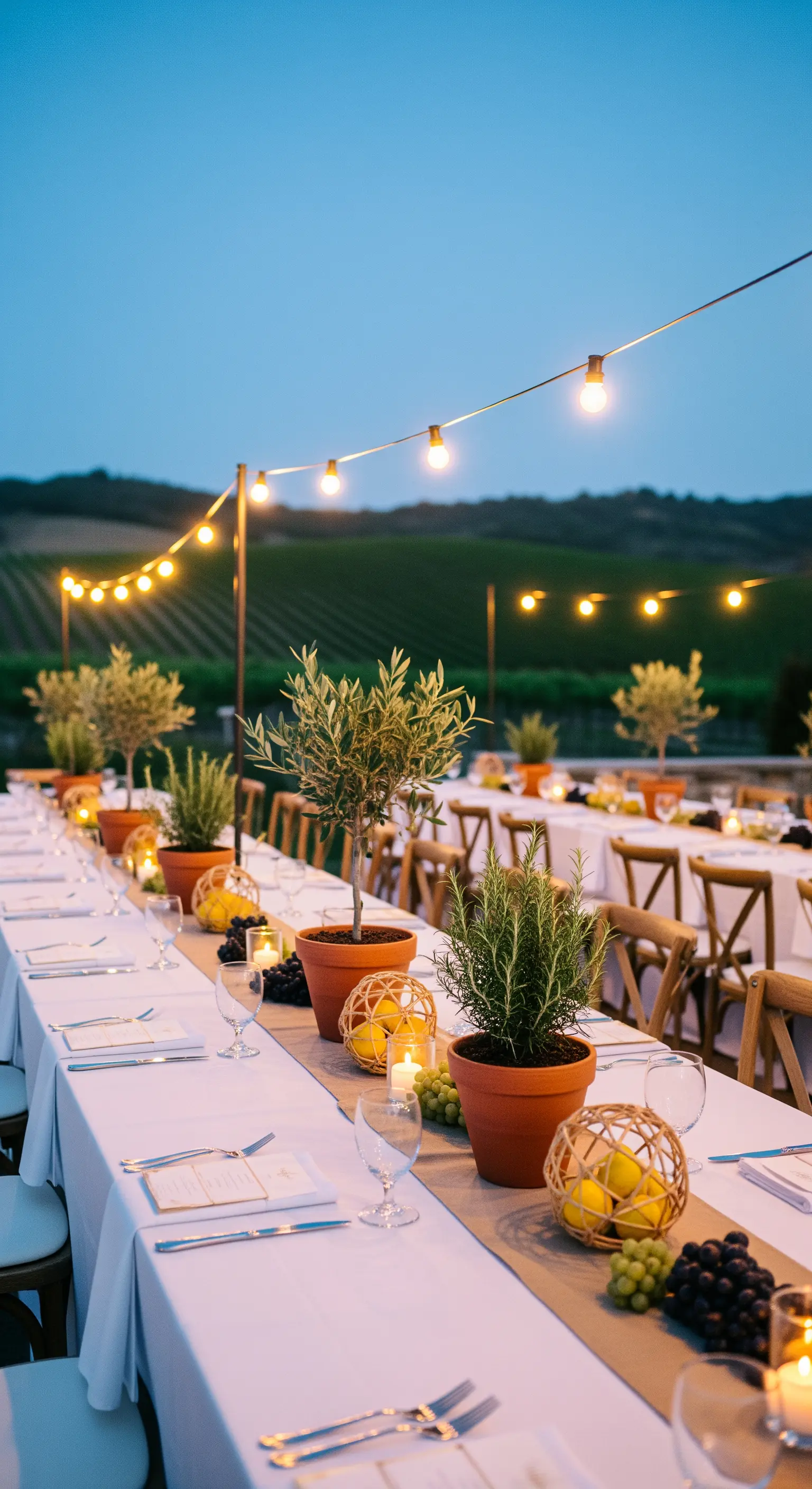 Centrotavola con piante di ulivo, rosmarino e limoni su un tavolo imperiale.