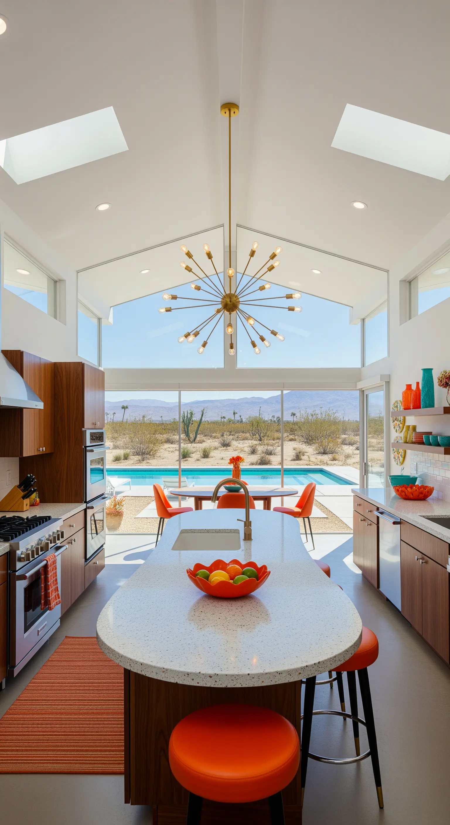 Cucina Mid-Century Modern con lampadario sputnik dorato e sgabelli arancioni