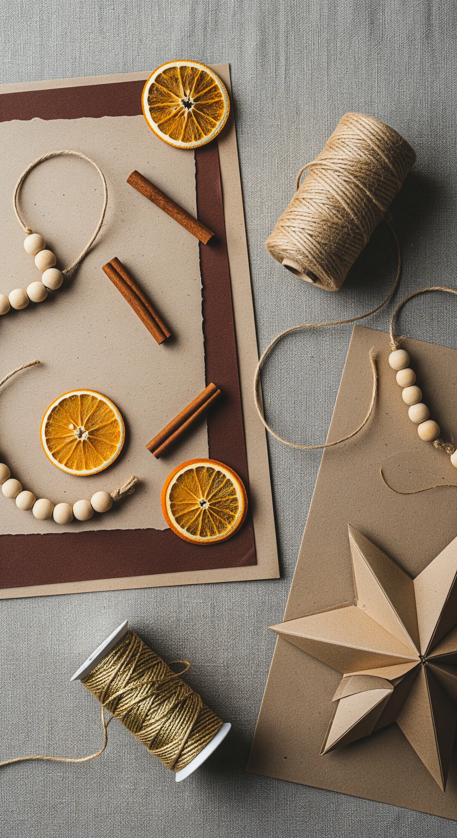 Composizione con stelle di carta kraft, fette d'arancia essiccate e cannella