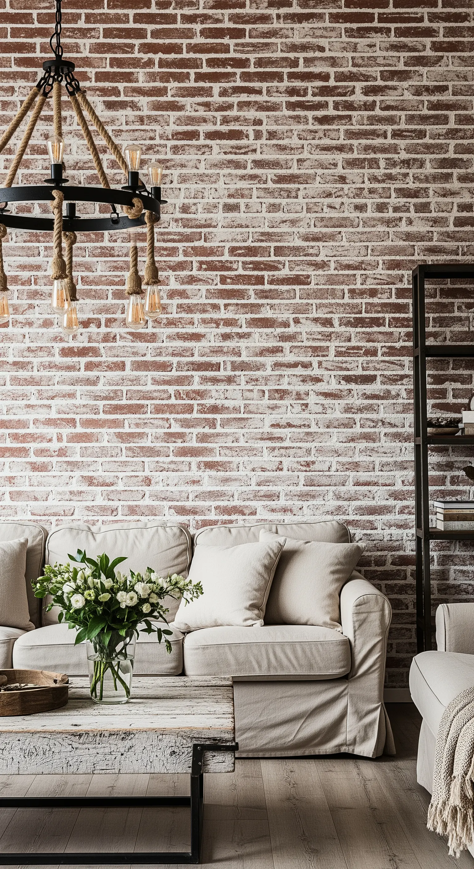 Salotto con parete di mattoni sbiancati e un lampadario in metallo nero e corda di iuta.