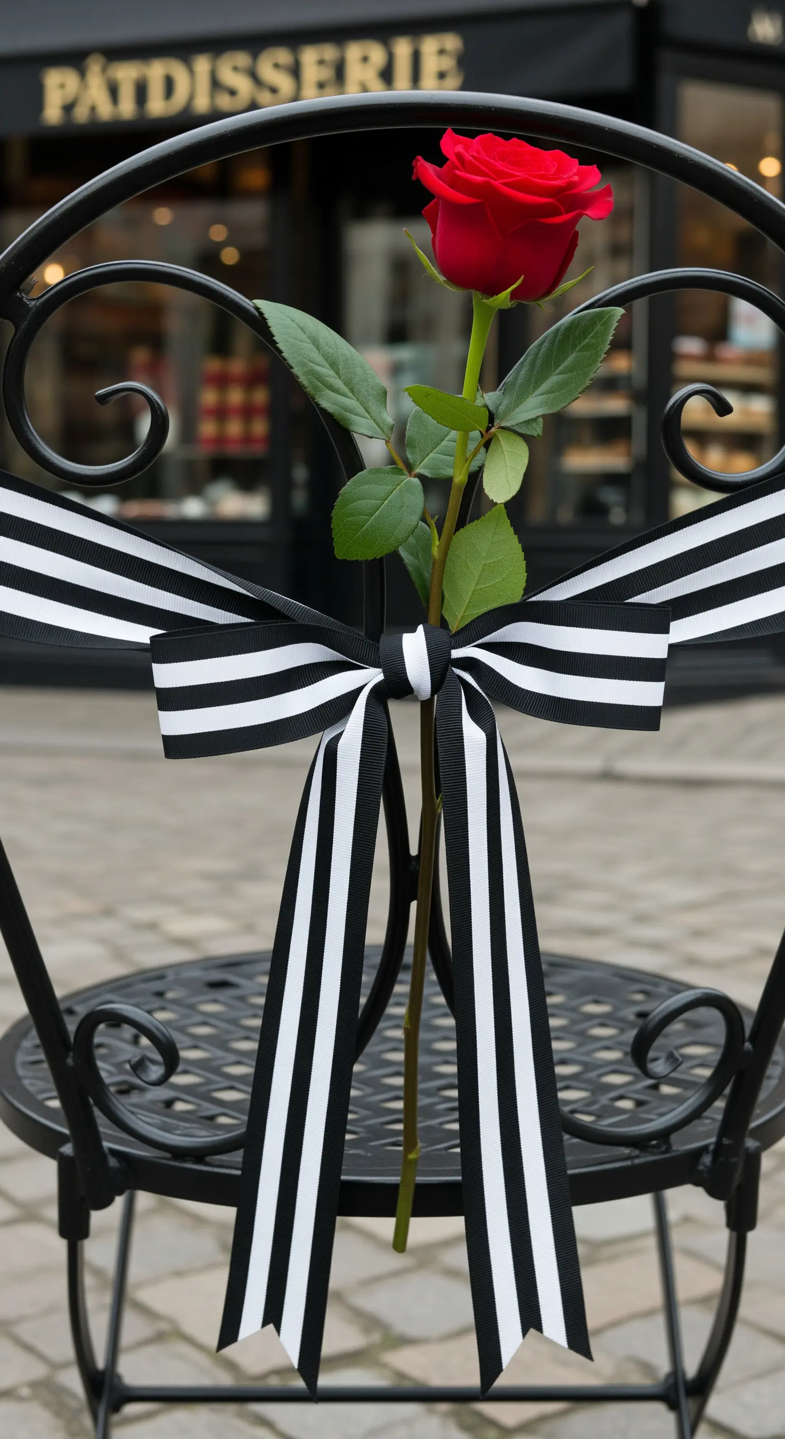 Sedia da bistrot nera con un fiocco a righe bianche e nere e una singola rosa rossa.