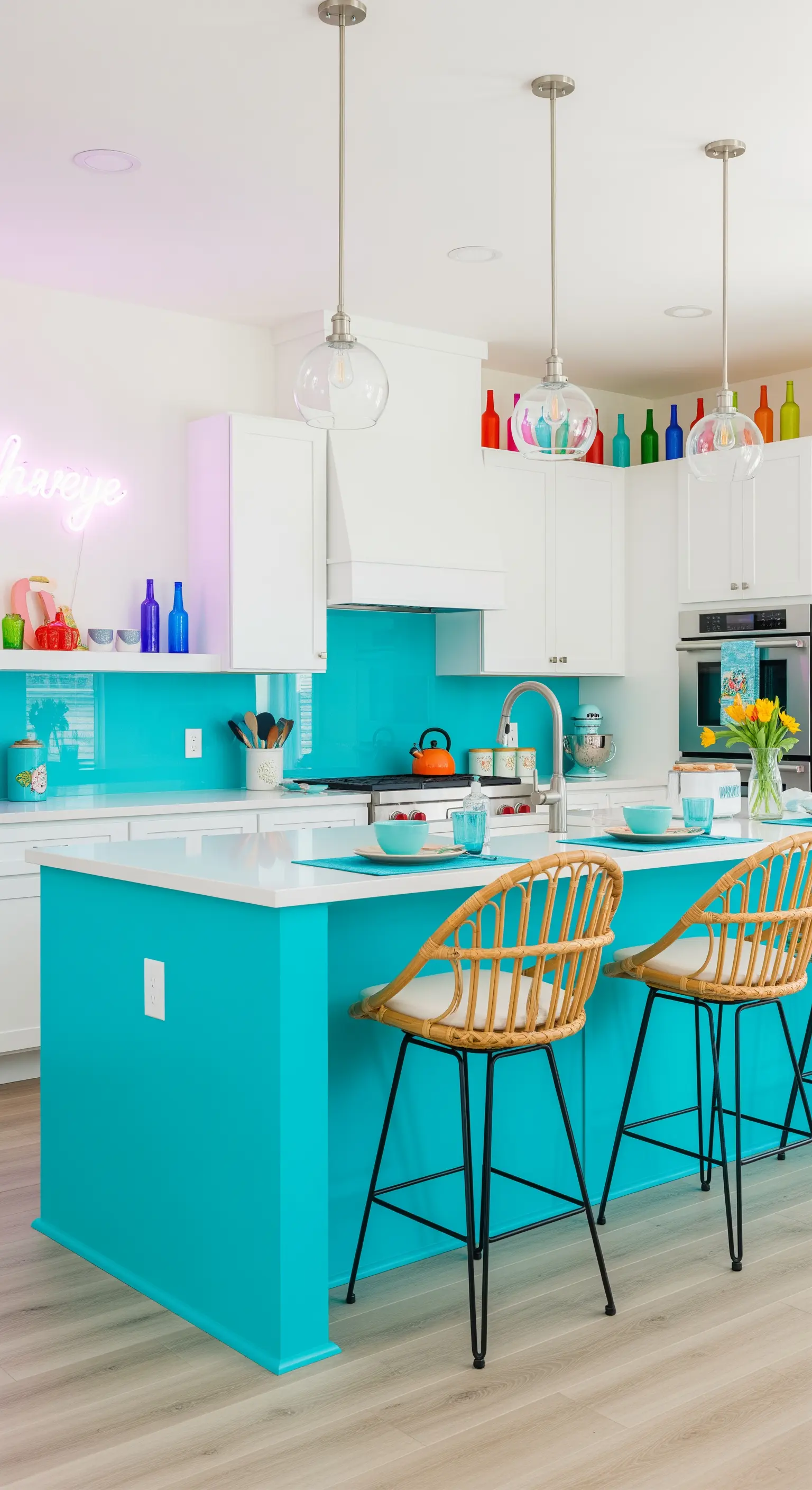 Cucina bianca con isola e paraschizzi color turchese acceso e sgabelli in rattan.