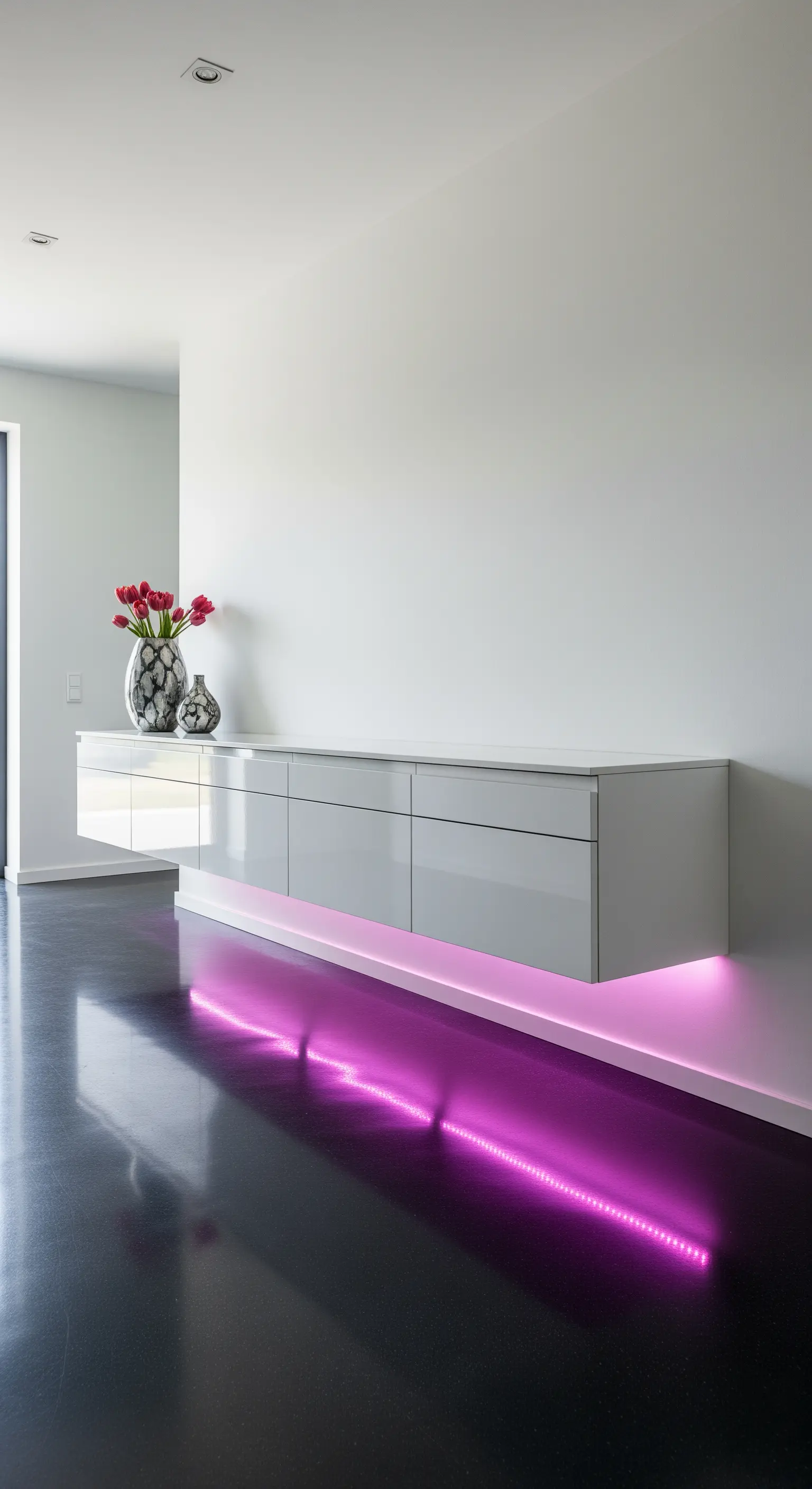 Consolle sospesa bianca laccata con illuminazione LED viola su un pavimento scuro lucido.