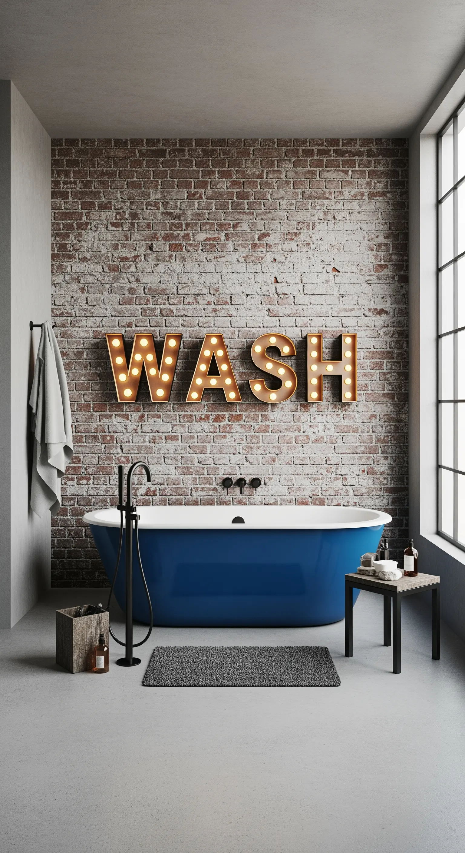 Bagno con vasca blu, parete in mattoni e insegna luminosa 