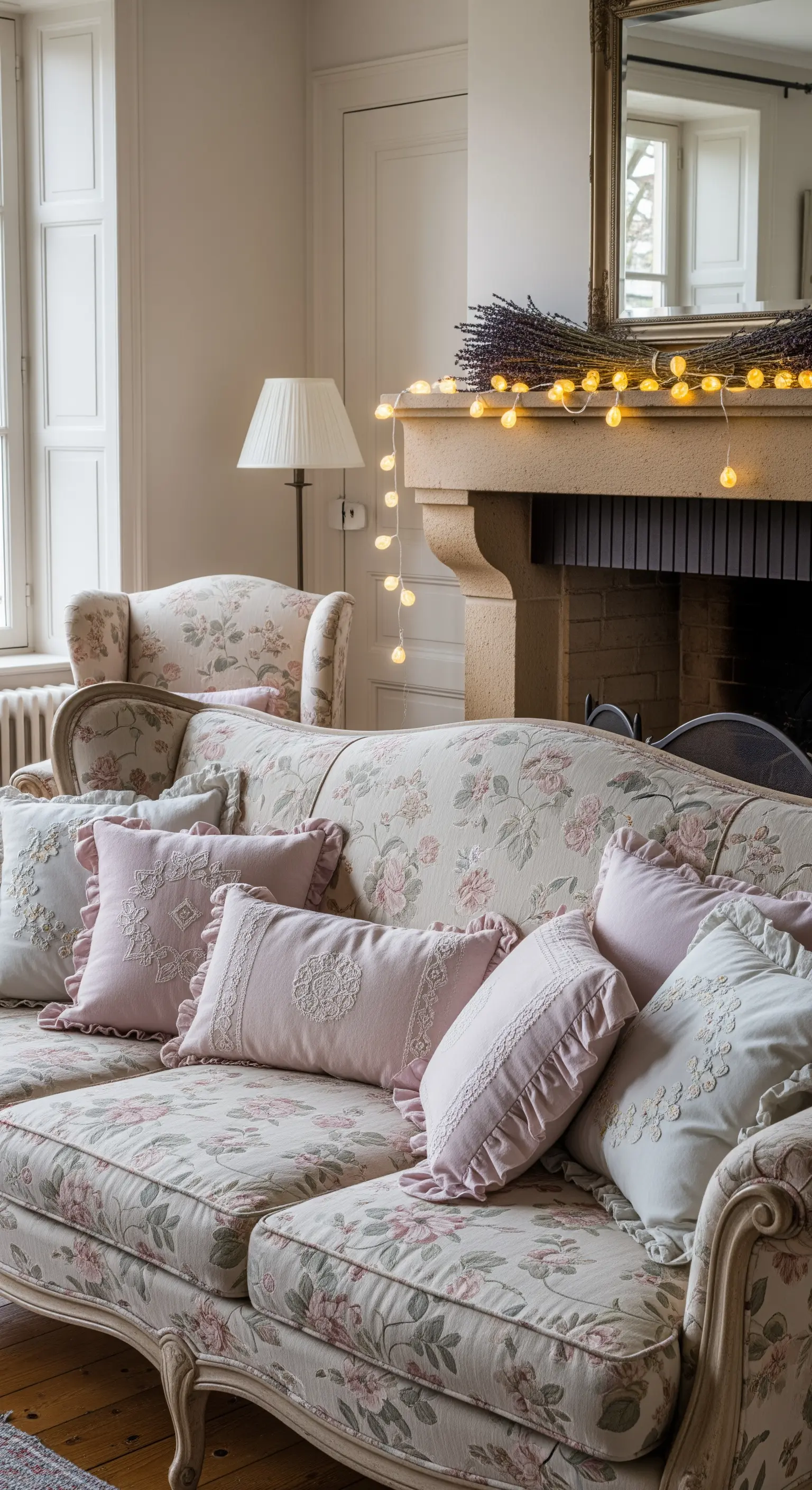 Divano floreale in stile shabby chic e camino in pietra decorato con luci e lavanda.