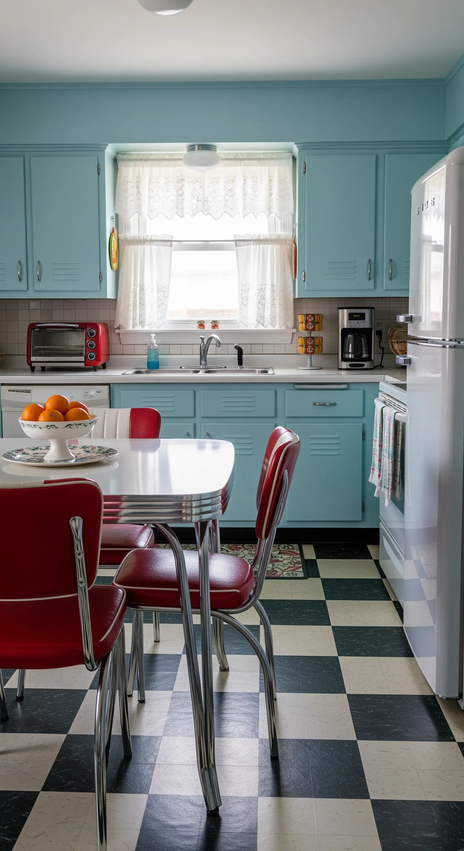 Cucina retrò con mobili azzurri, pavimento a scacchi e tendine in pizzo.