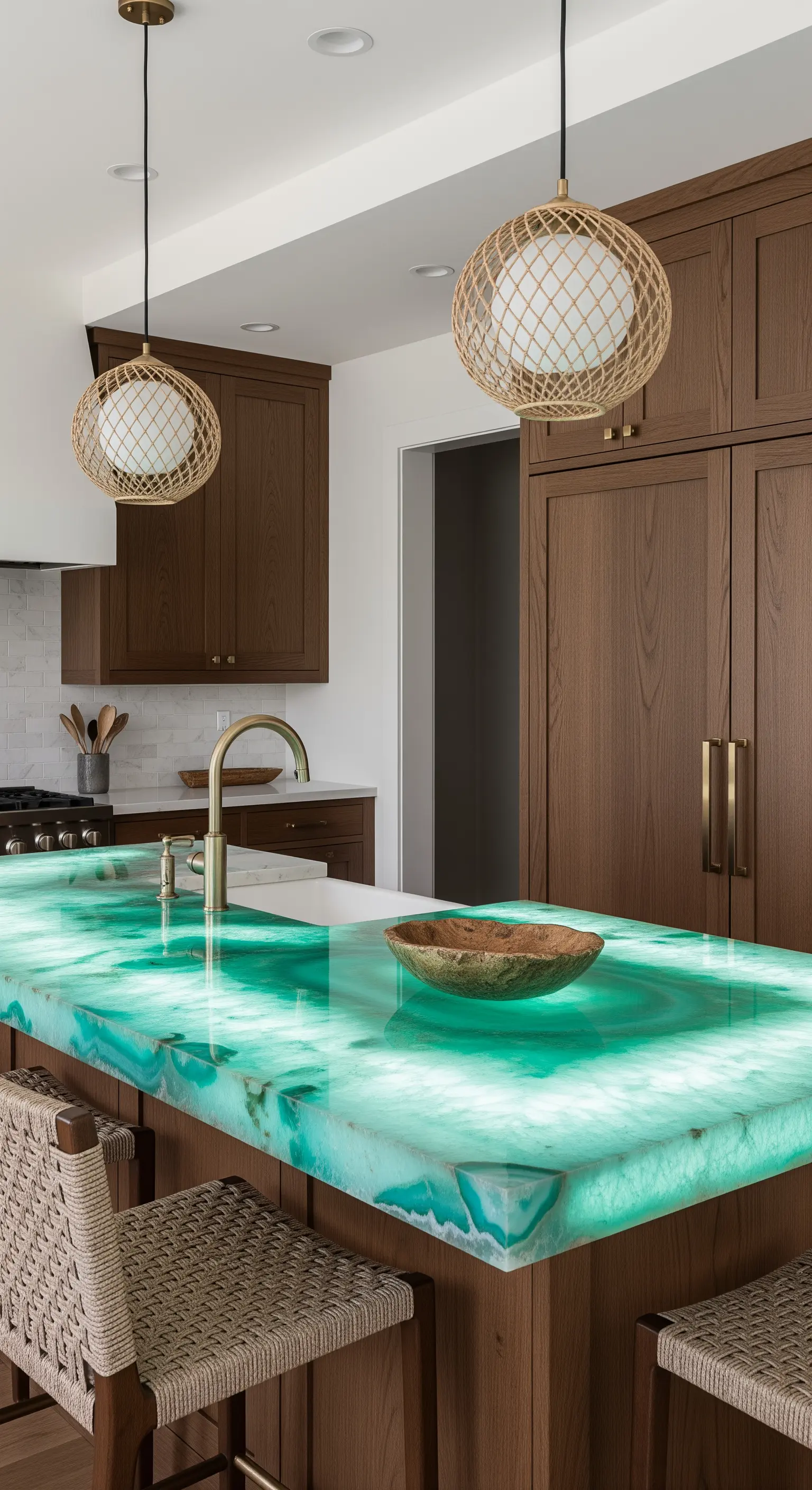 Isola cucina con un top spettacolare in pietra verde traslucida e retroilluminata.