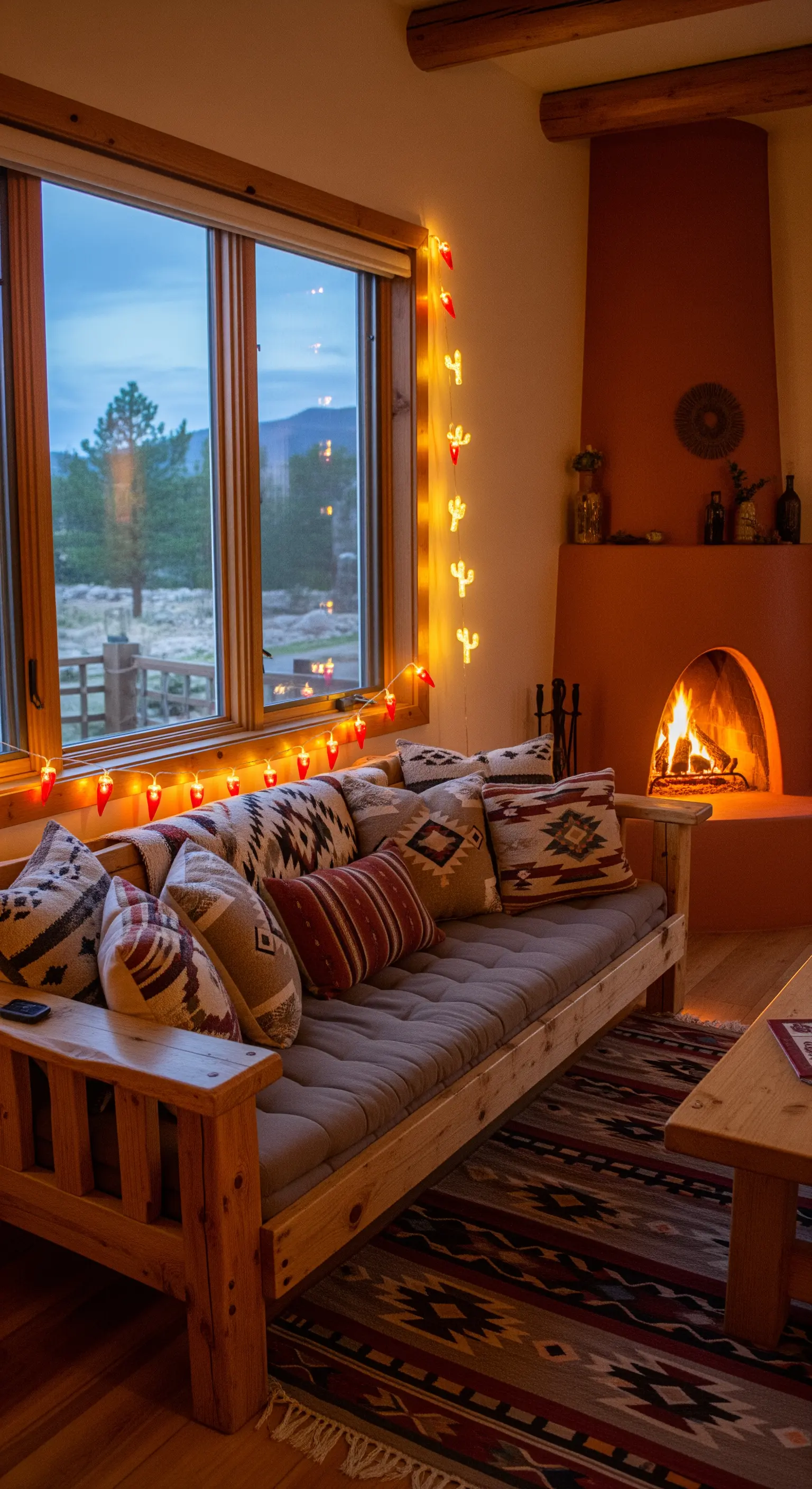 Salotto in stile Southwestern con camino in terracotta e luci a forma di cactus alla finestra.