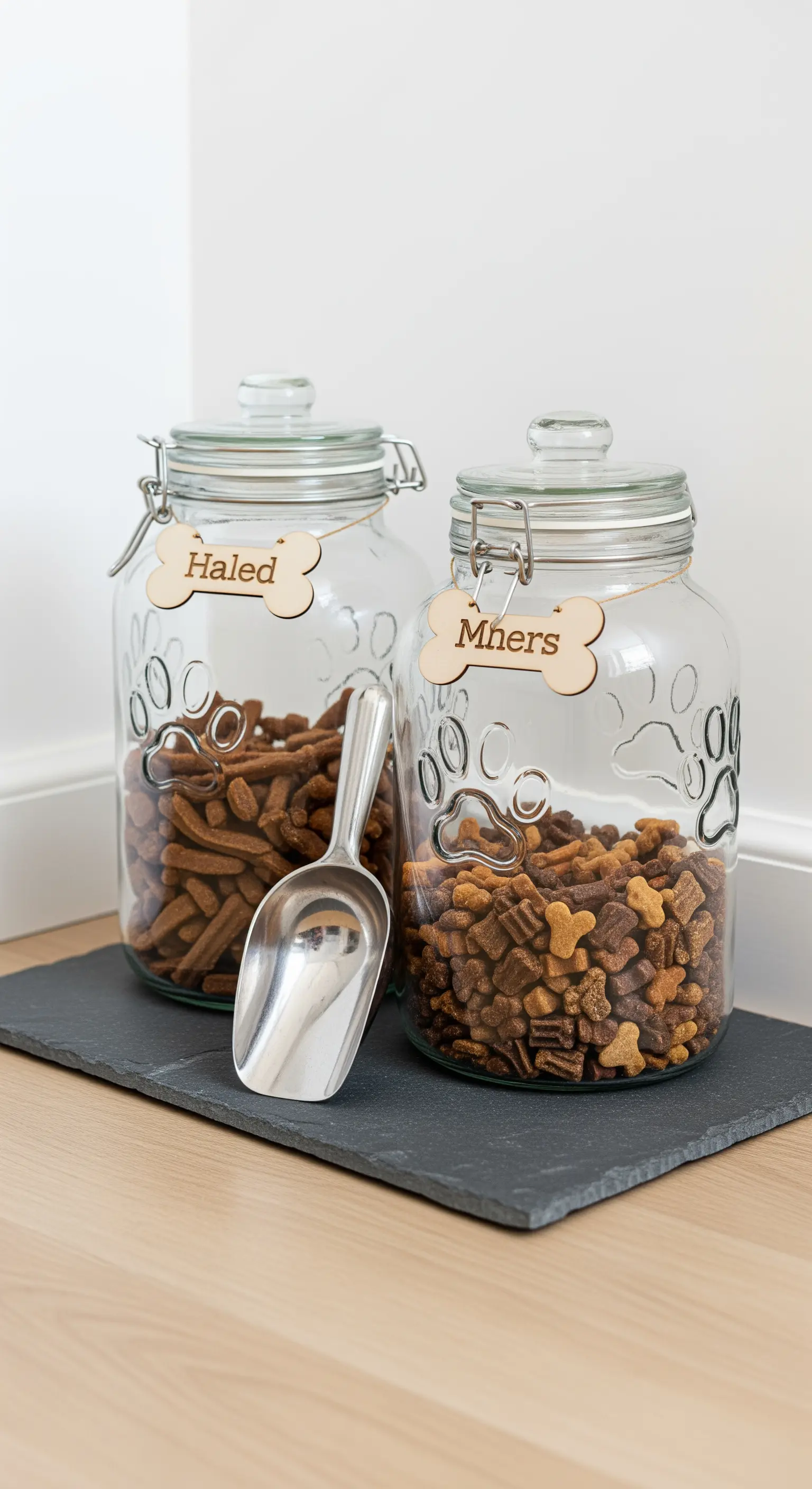 Barattoli di vetro per cibo per animali con etichette in legno a forma di osso.