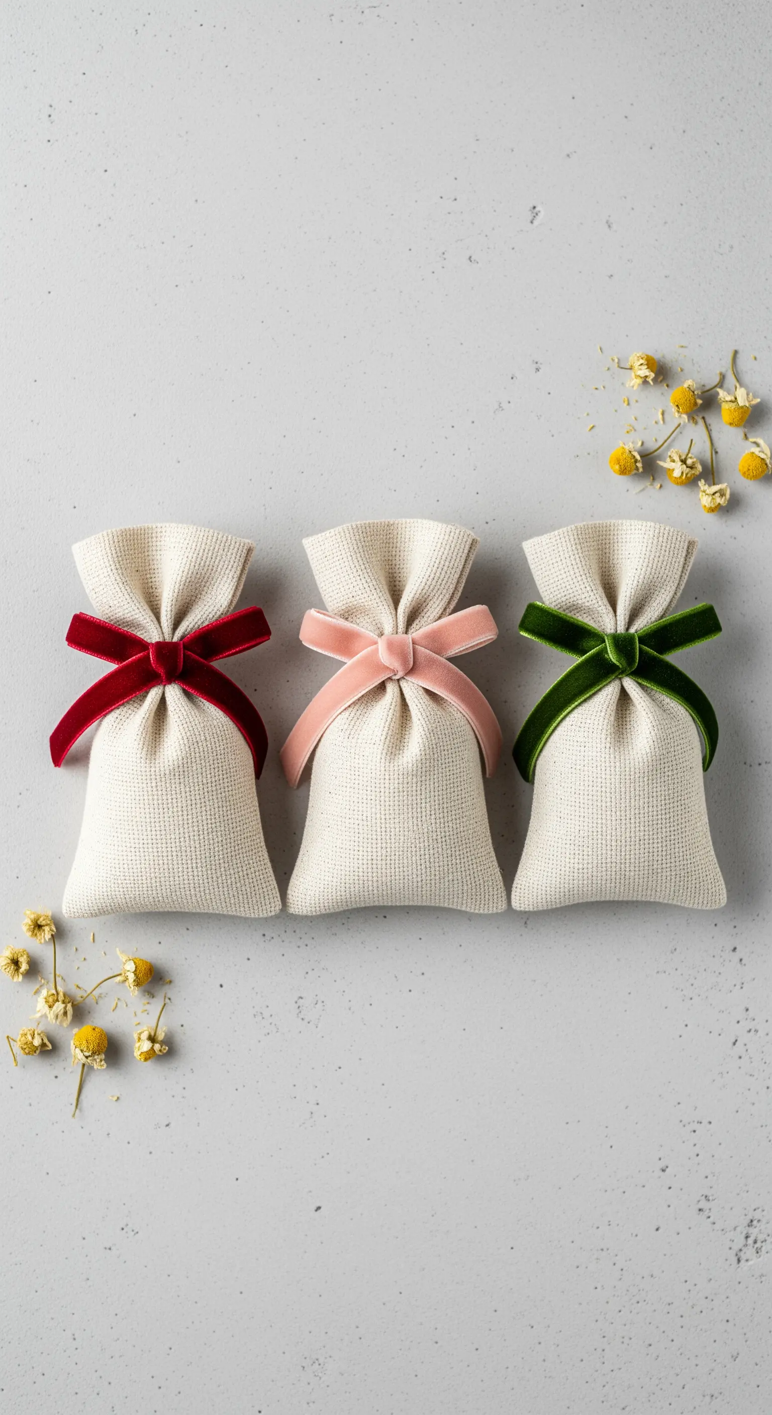 Tre sacchetti di lino chiusi con nastri di velluto rosso, rosa e verde.