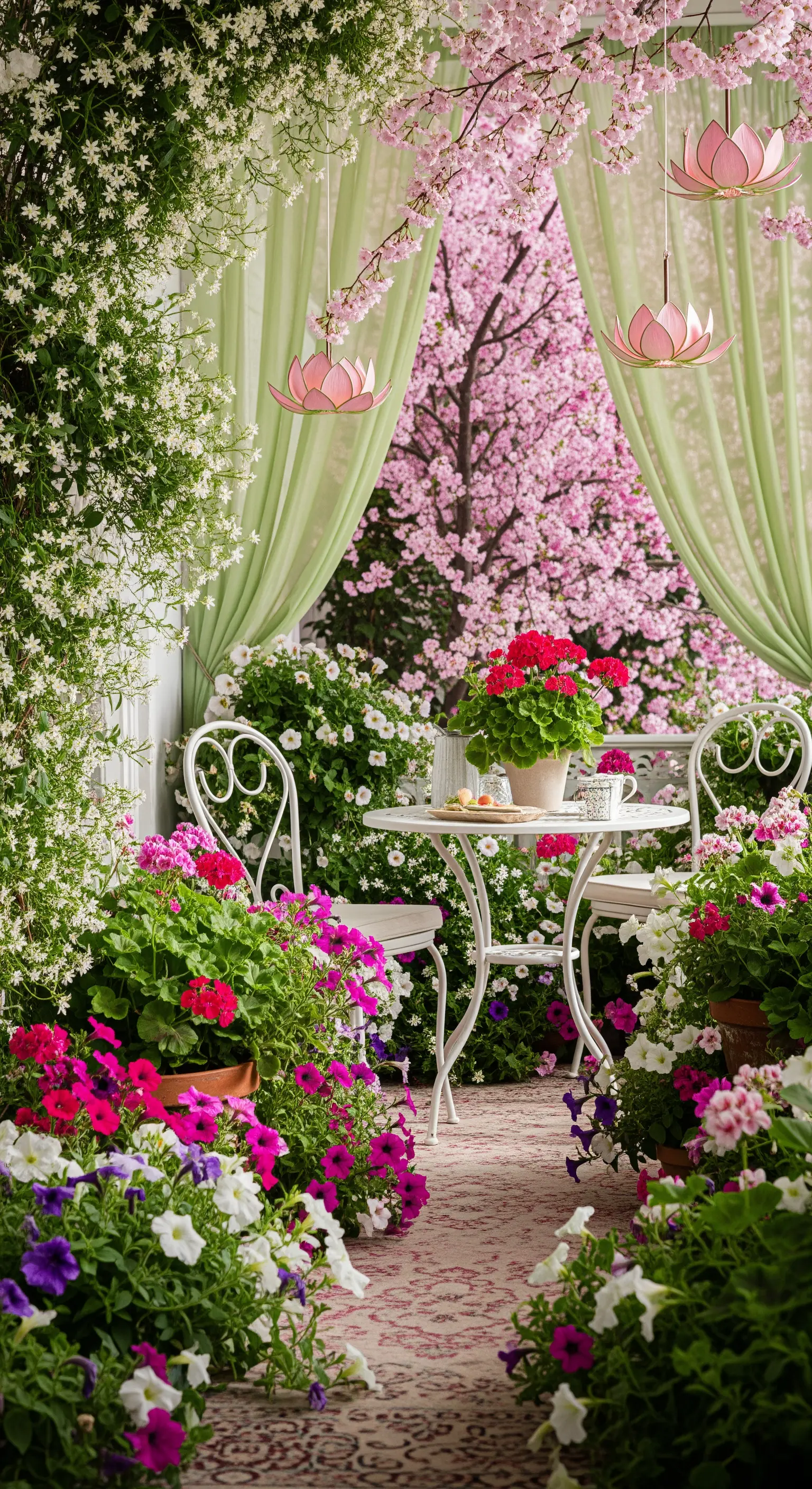 Balcone traboccante di fiori rosa e bianchi, con un tavolino bianco e tende verde chiaro