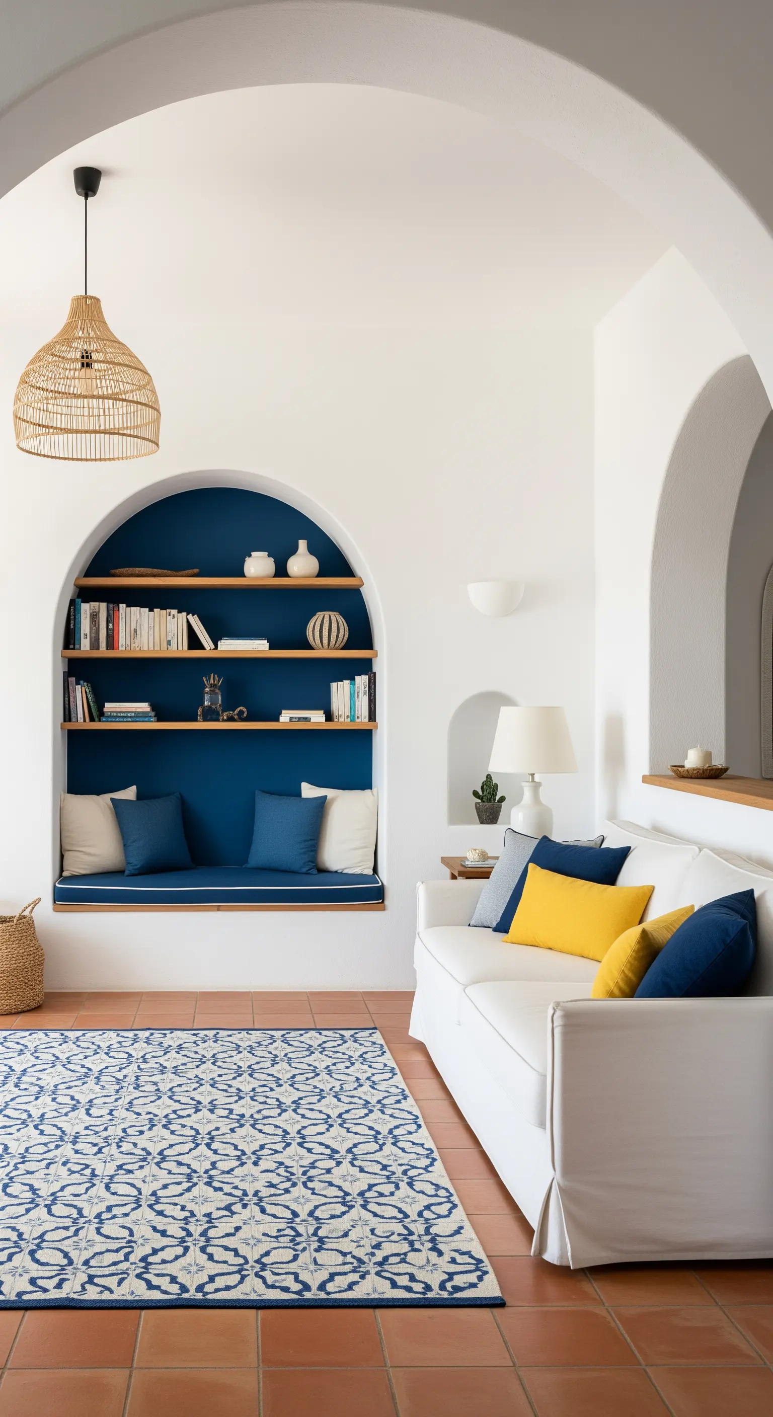 Soggiorno mediterraneo con nicchia ad arco dipinta di blu e pavimento in cotto.