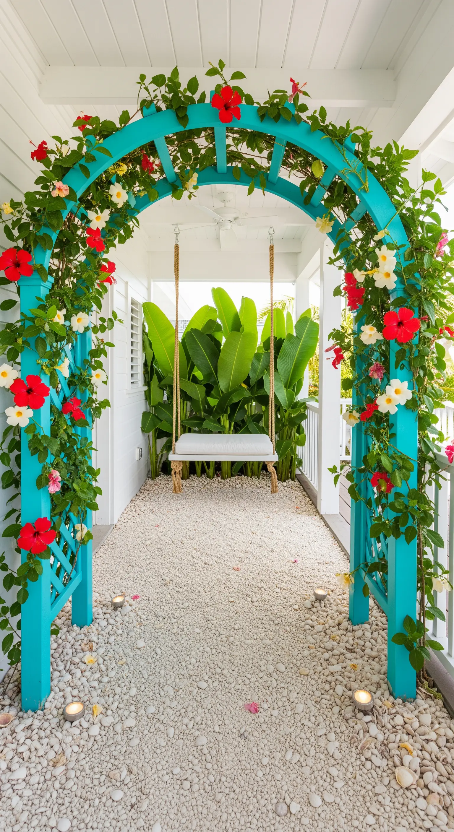Portico luminoso con un arco turchese, un'altalena sospesa e fiori di ibisco.