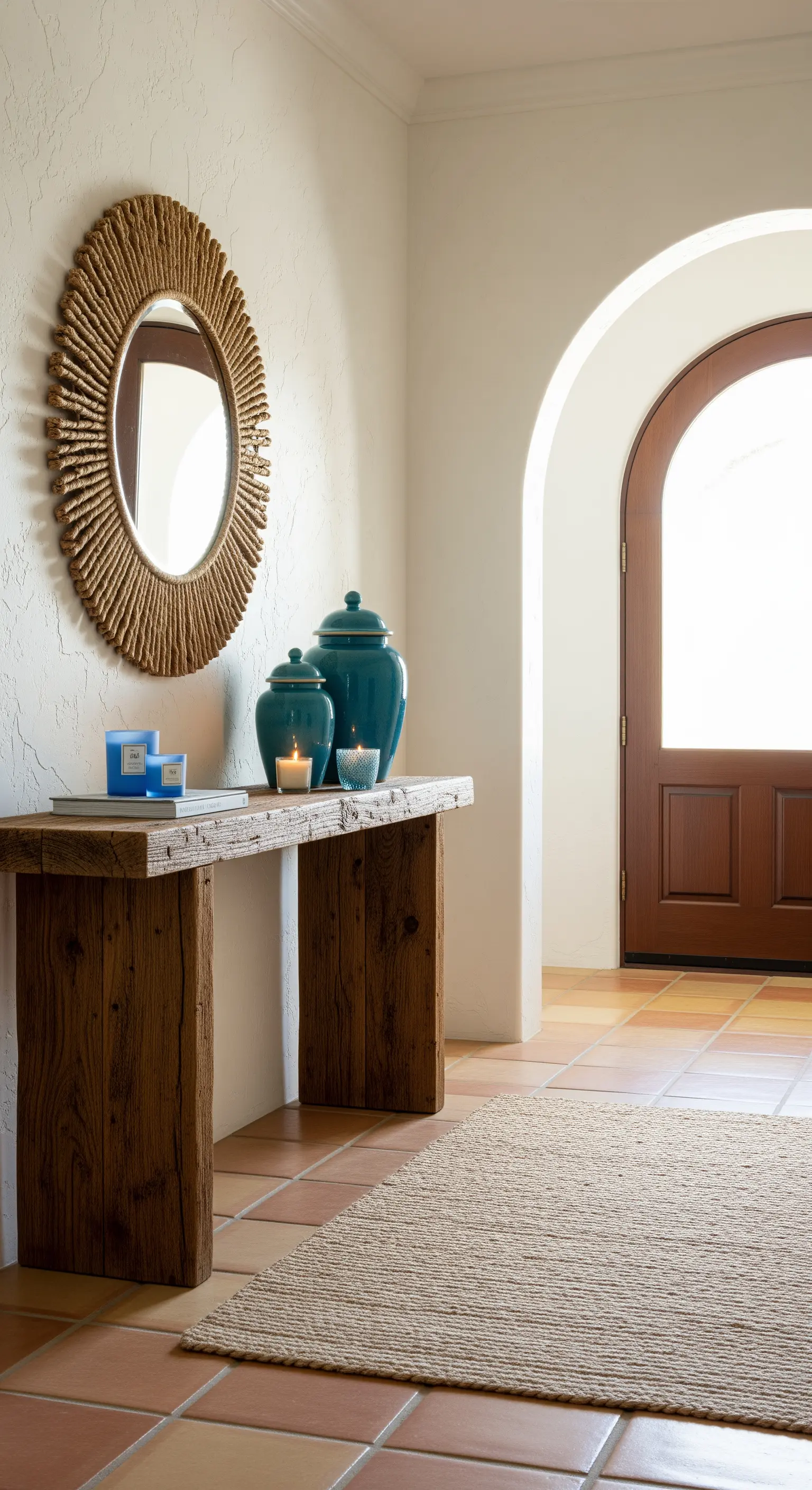 Ingresso in stile mediterraneo con consolle in legno grezzo, vasi turchesi e specchio in corda.