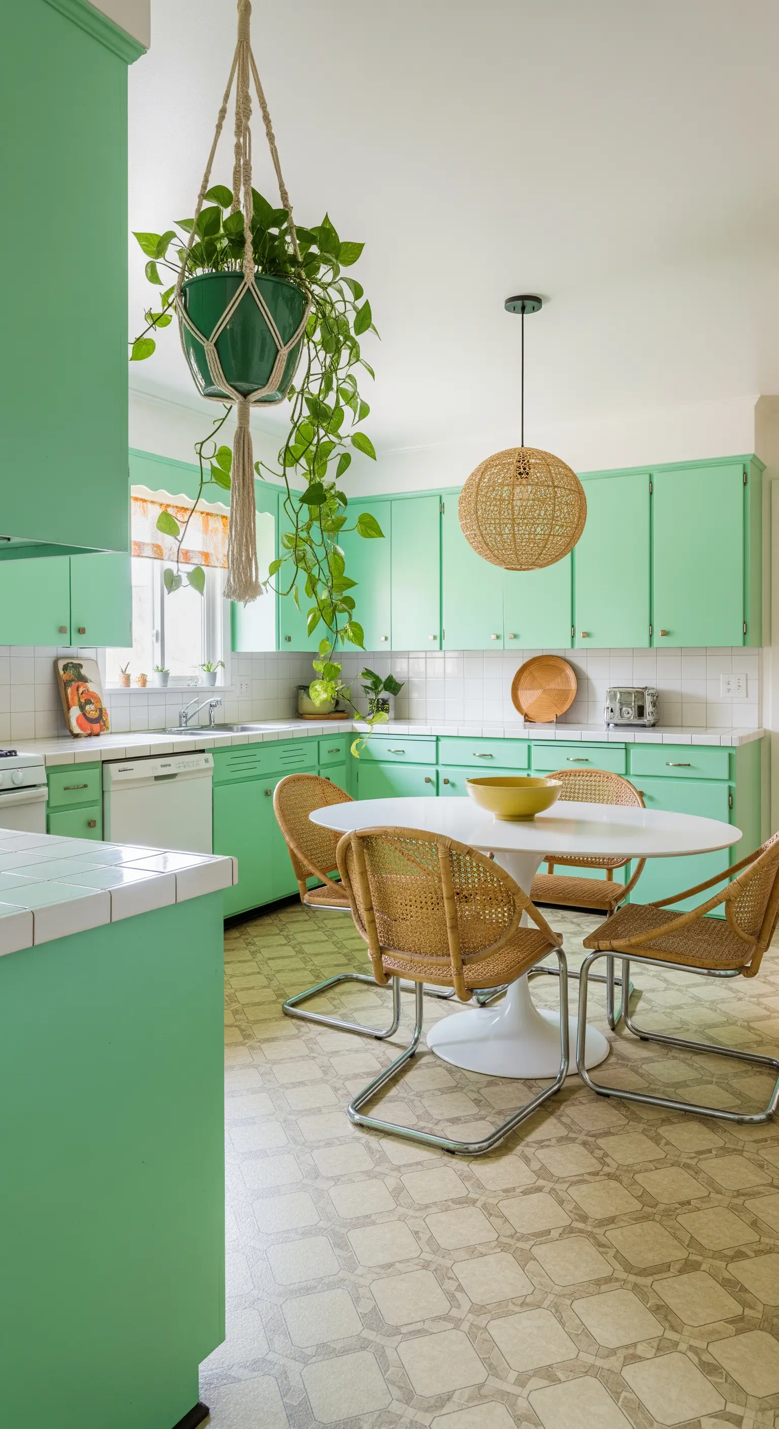 Cucina vintage interamente color verde menta con tavolo da pranzo e sedie in rattan.
