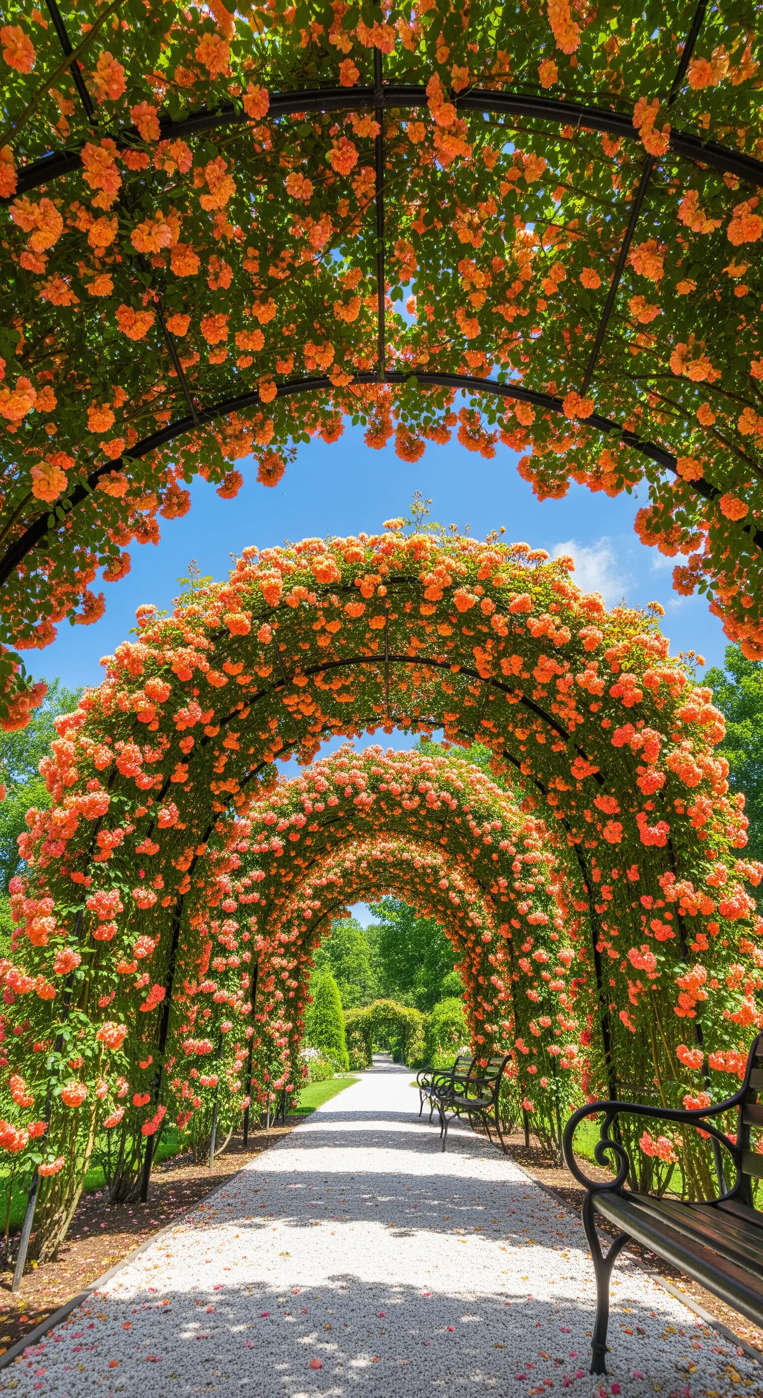 Lungo tunnel creato da una serie di archi ricoperti di rose arancioni, su un sentiero di ghiaia.