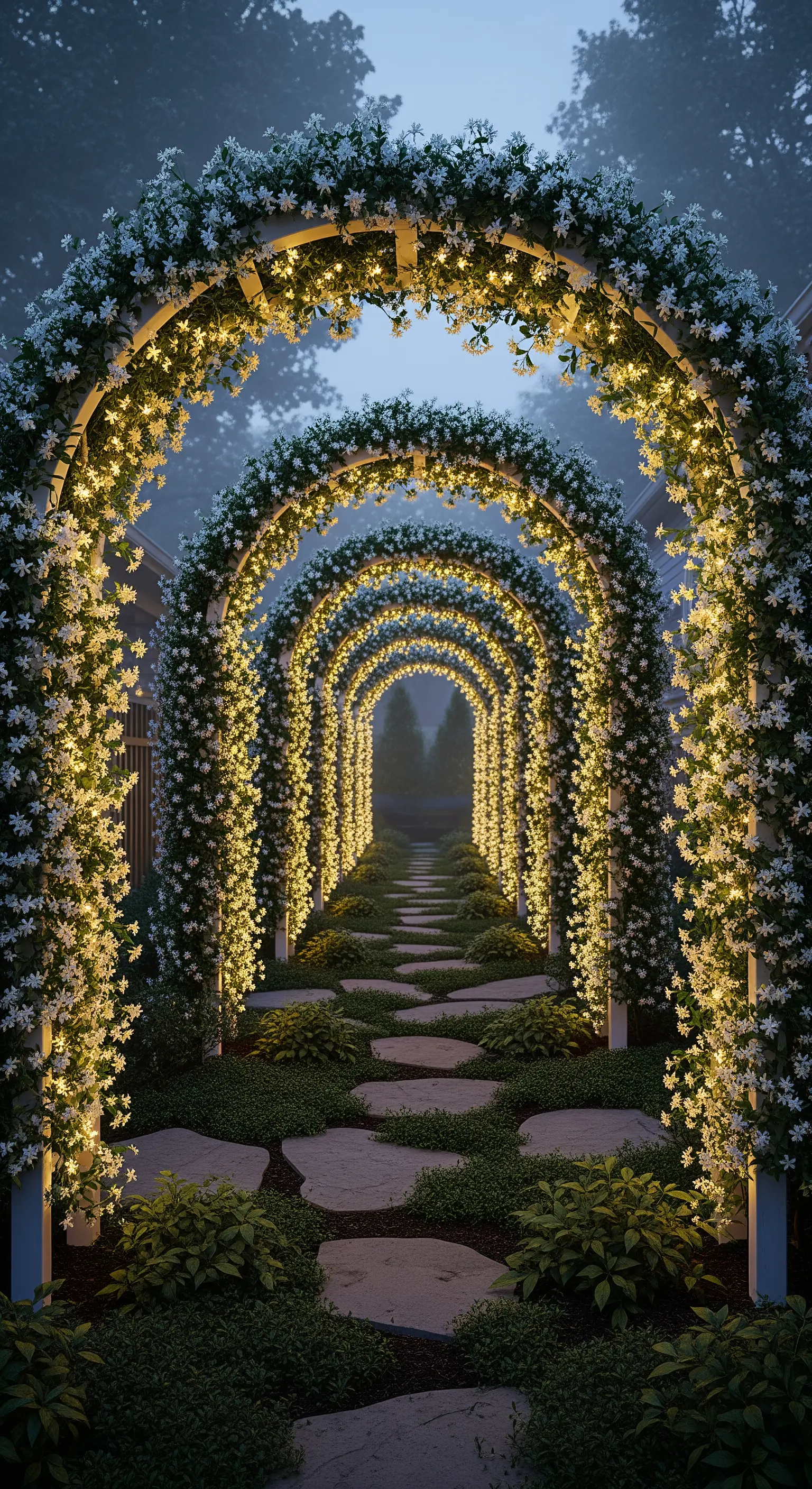 Sentiero in giardino che attraversa archi ricoperti di fiori e lucine.