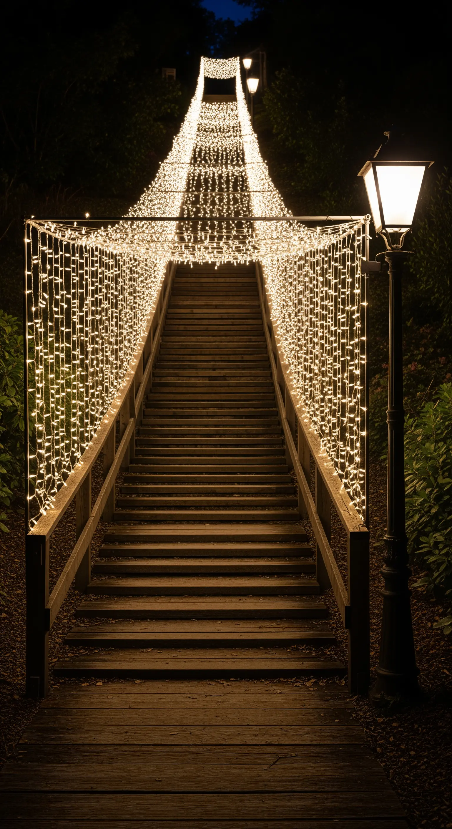 Lunga scalinata in legno all'aperto, coperta da un tunnel interamente fatto di lucine bianche.