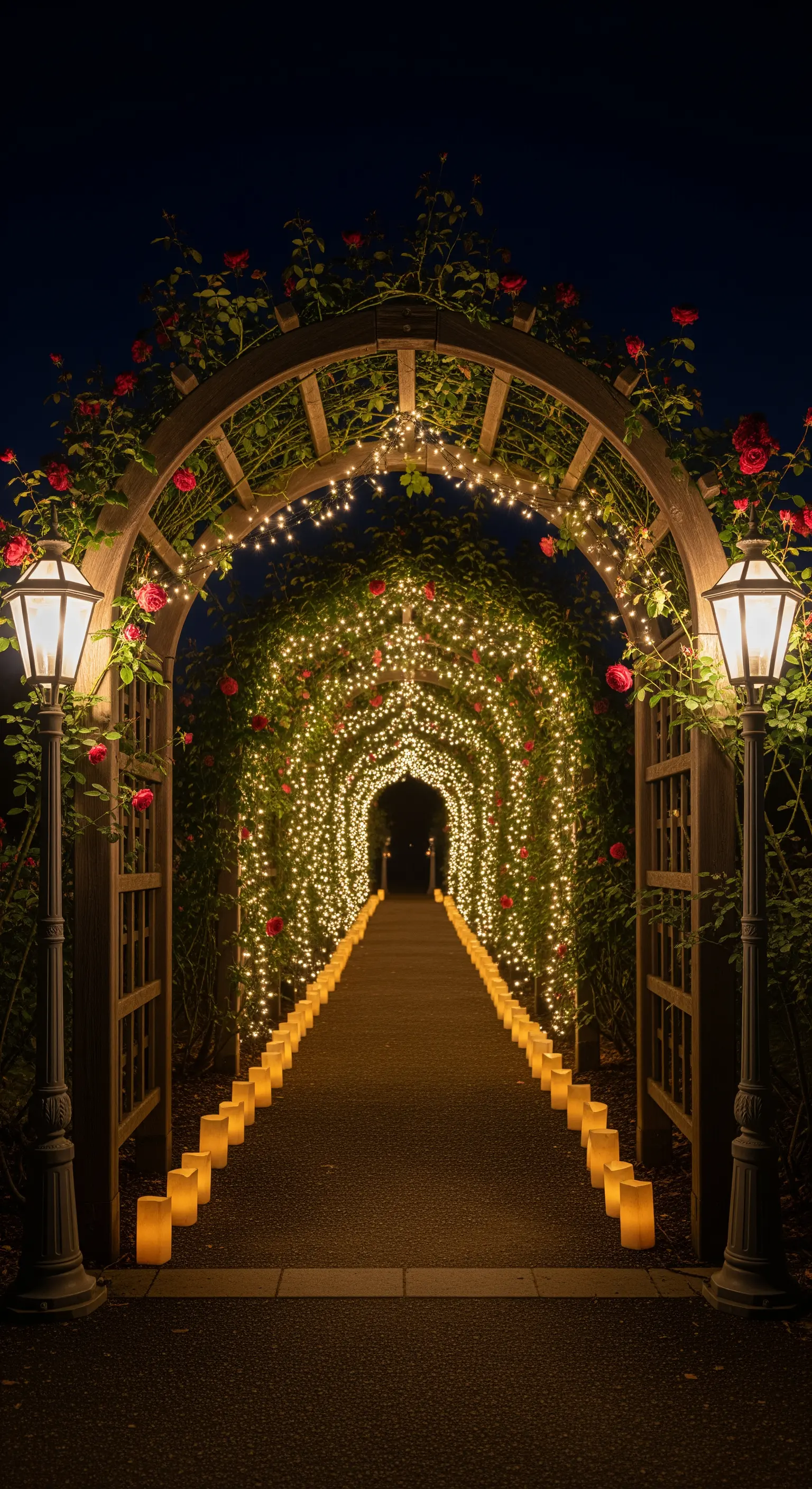 Arco di rose di notte, completamente avvolto da lucine scintillanti e fiancheggiato da candele a LED.