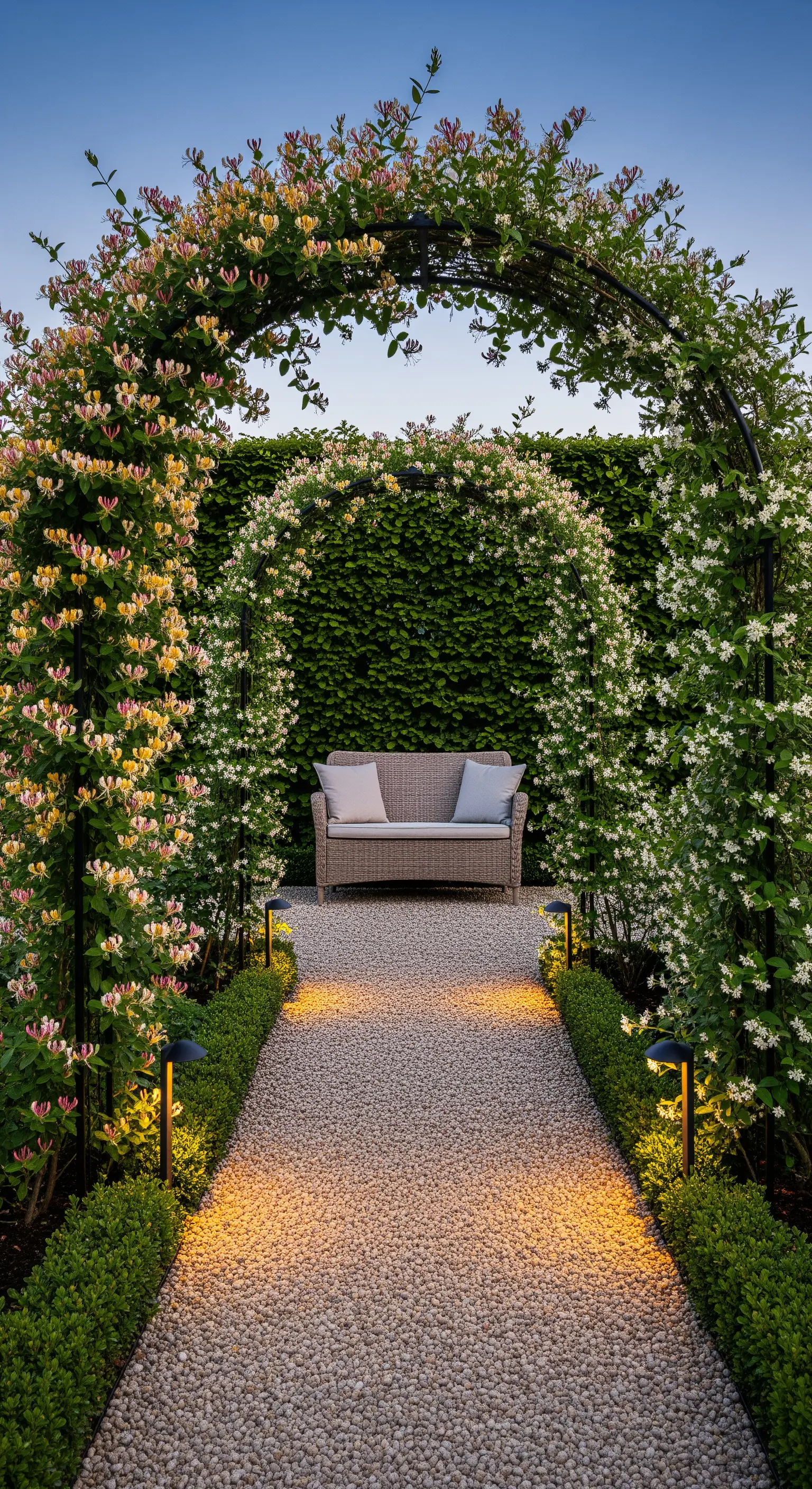 Sentiero di ghiaia che attraversa un tunnel di archi in metallo ricoperti di caprifoglio e gelsomino in fiore