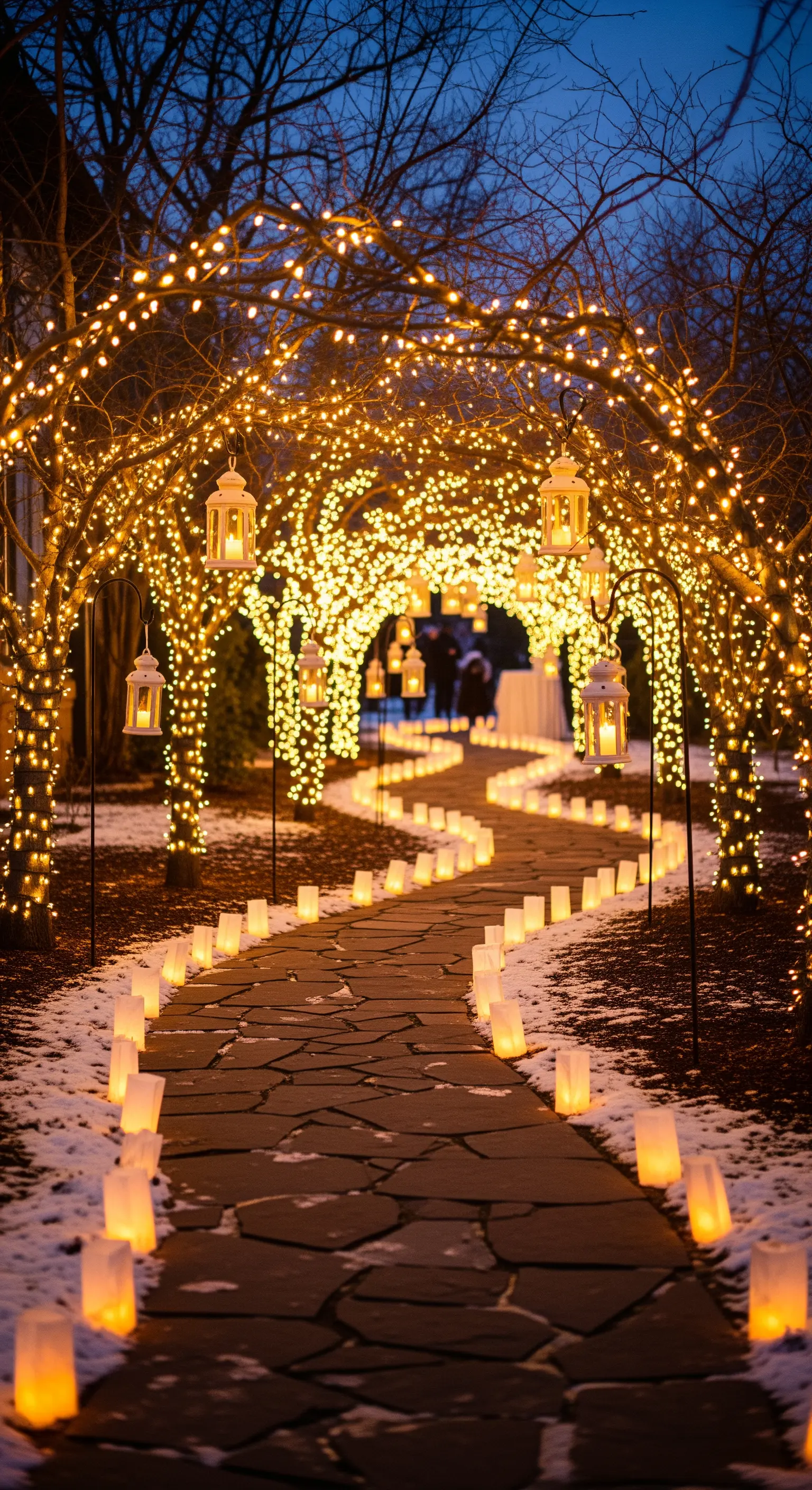 Sentiero esterno illuminato da un tunnel di lucine tra gli alberi.