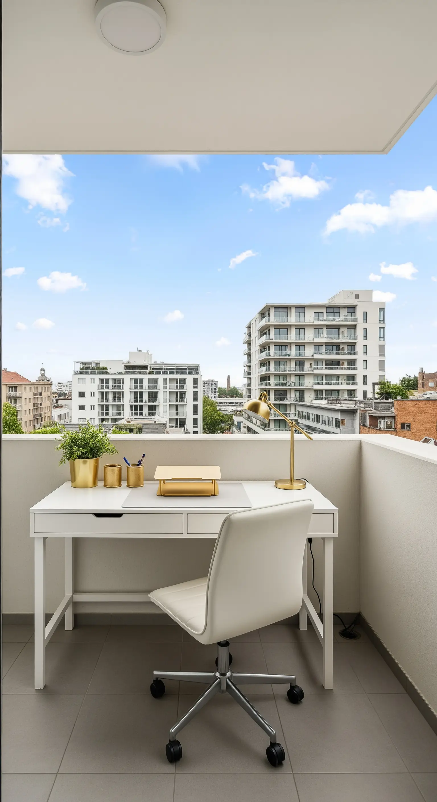 Balcone trasformato in ufficio con scrivania bianca, sedia e accessori da tavolo dorati.