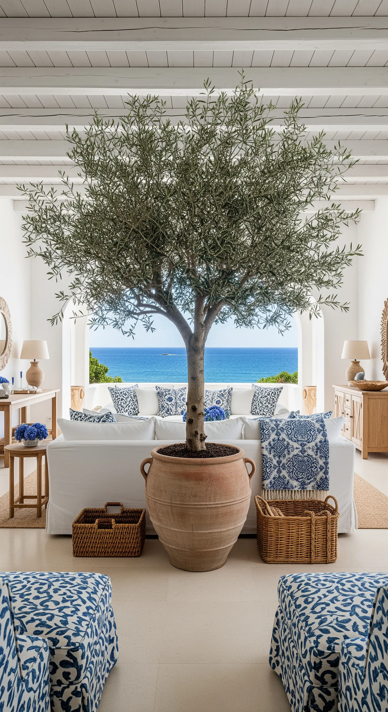 Un grande ulivo in vaso di terracotta al centro di un soggiorno con vista sul mare.