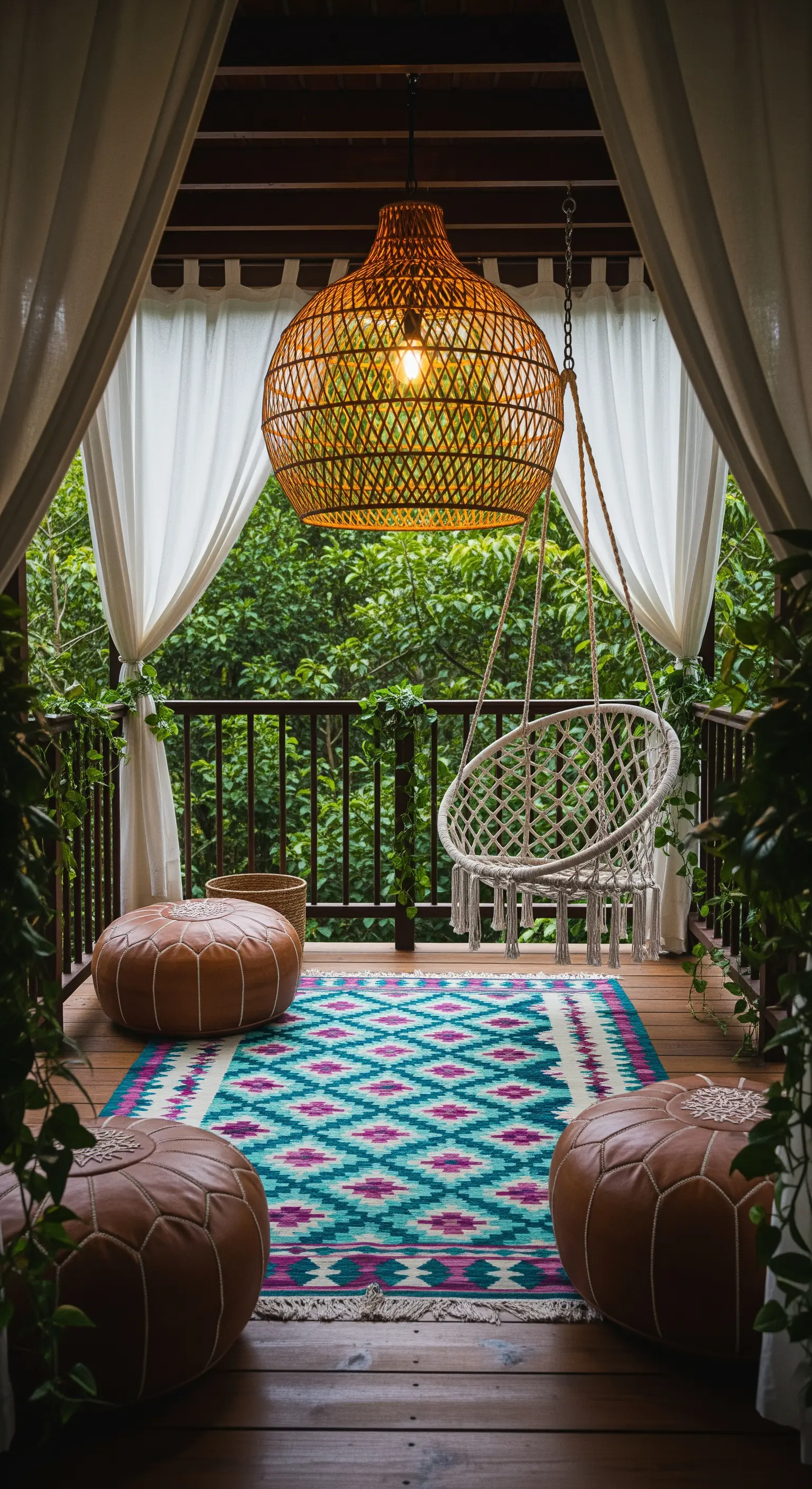 Balcone bohémien con lampadario in rattan, sedia sospesa e tappeto etnico.