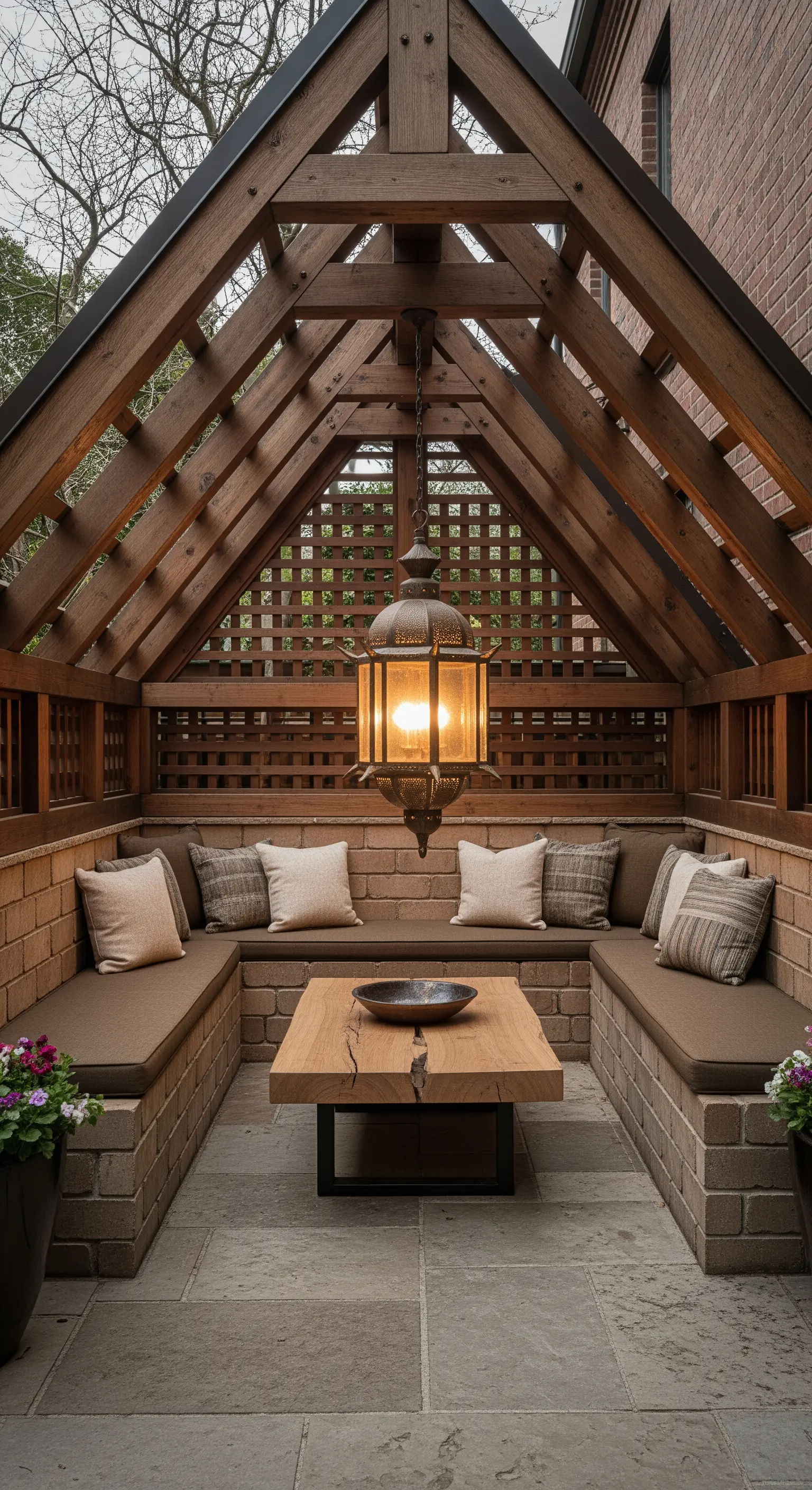 Gazebo con divani in muratura e una grande lanterna centrale che crea un'atmosfera intima.