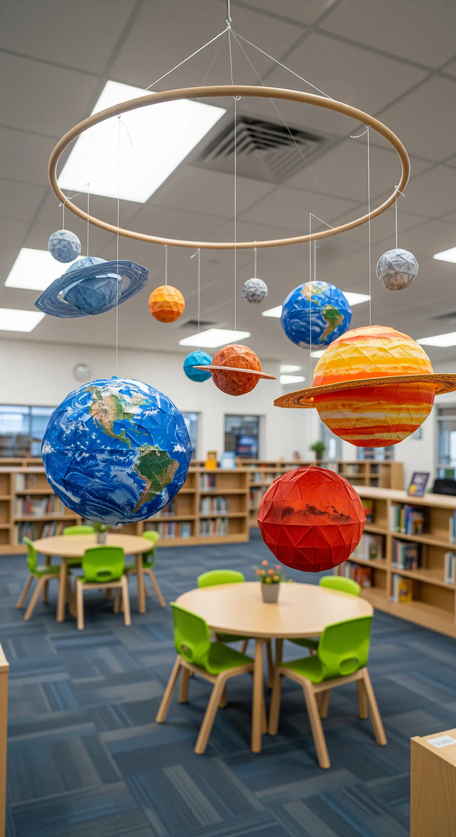 Mobile del sistema solare con pianeti di carta colorata in una biblioteca per bambini.