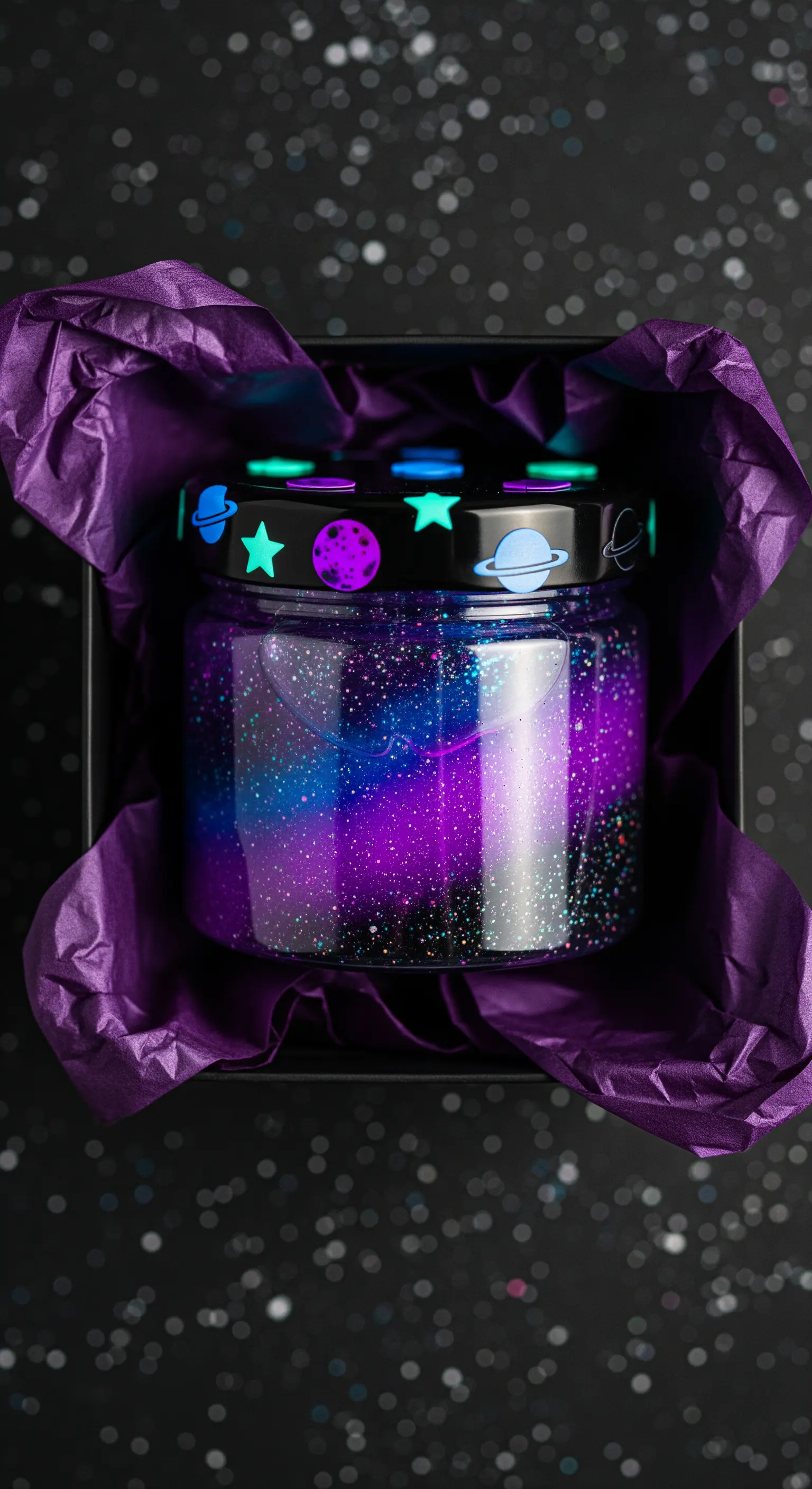 Vasetto di vetro pieno di slime galattico viola e blu, con adesivi spaziali sul coperchio.