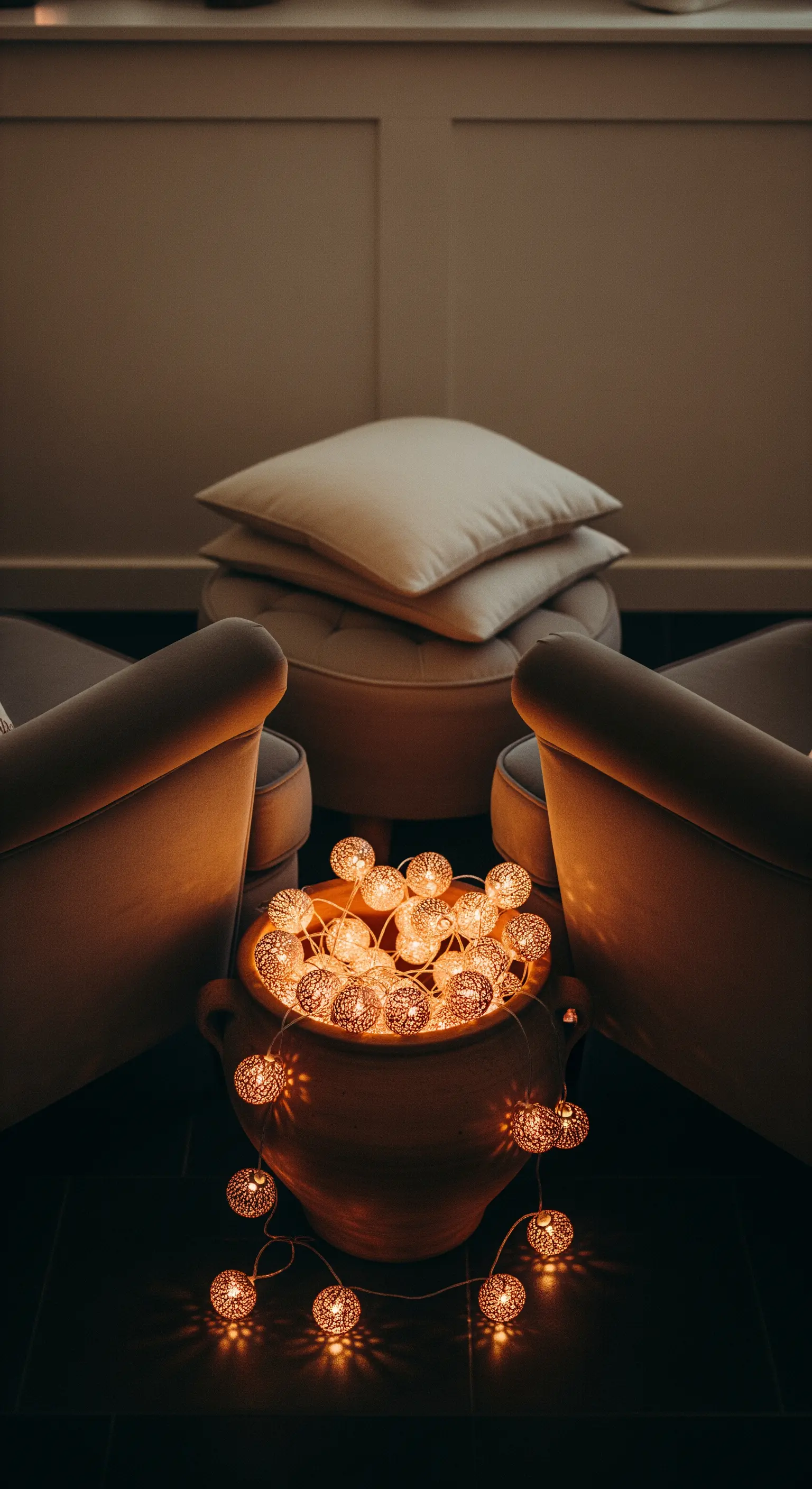 Grande vaso di terracotta a terra, riempito con un gomitolo di lucine sferiche accese.