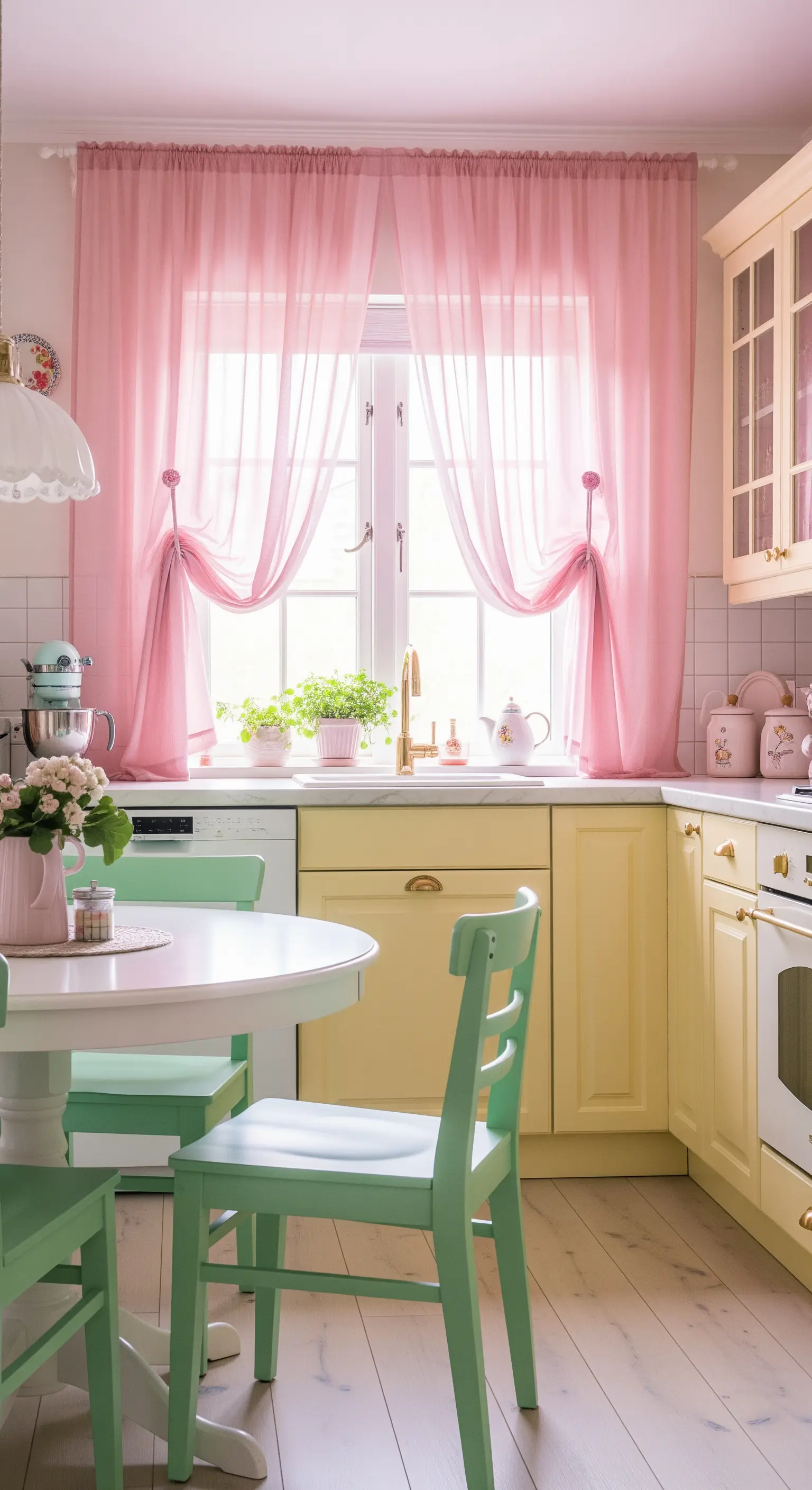 Cucina pastello con mobili gialli, sedie verdi e tende in voile rosa.