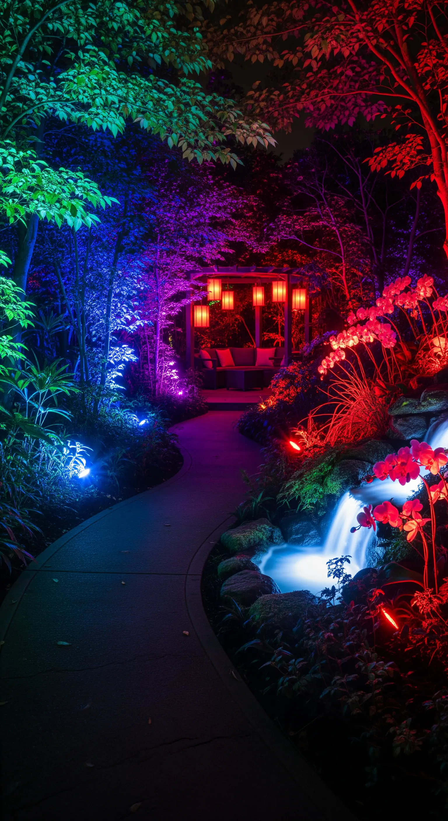 Sentiero in un giardino notturno illuminato con luci blu, viola e rosse che conduce a un gazebo.