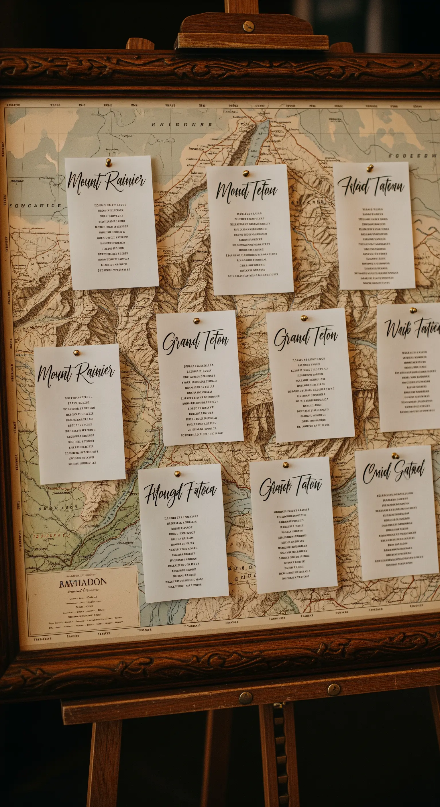 Tableau de mariage con i nomi dei tavoli stampati su cartoncini e appuntati su una grande mappa vintage.