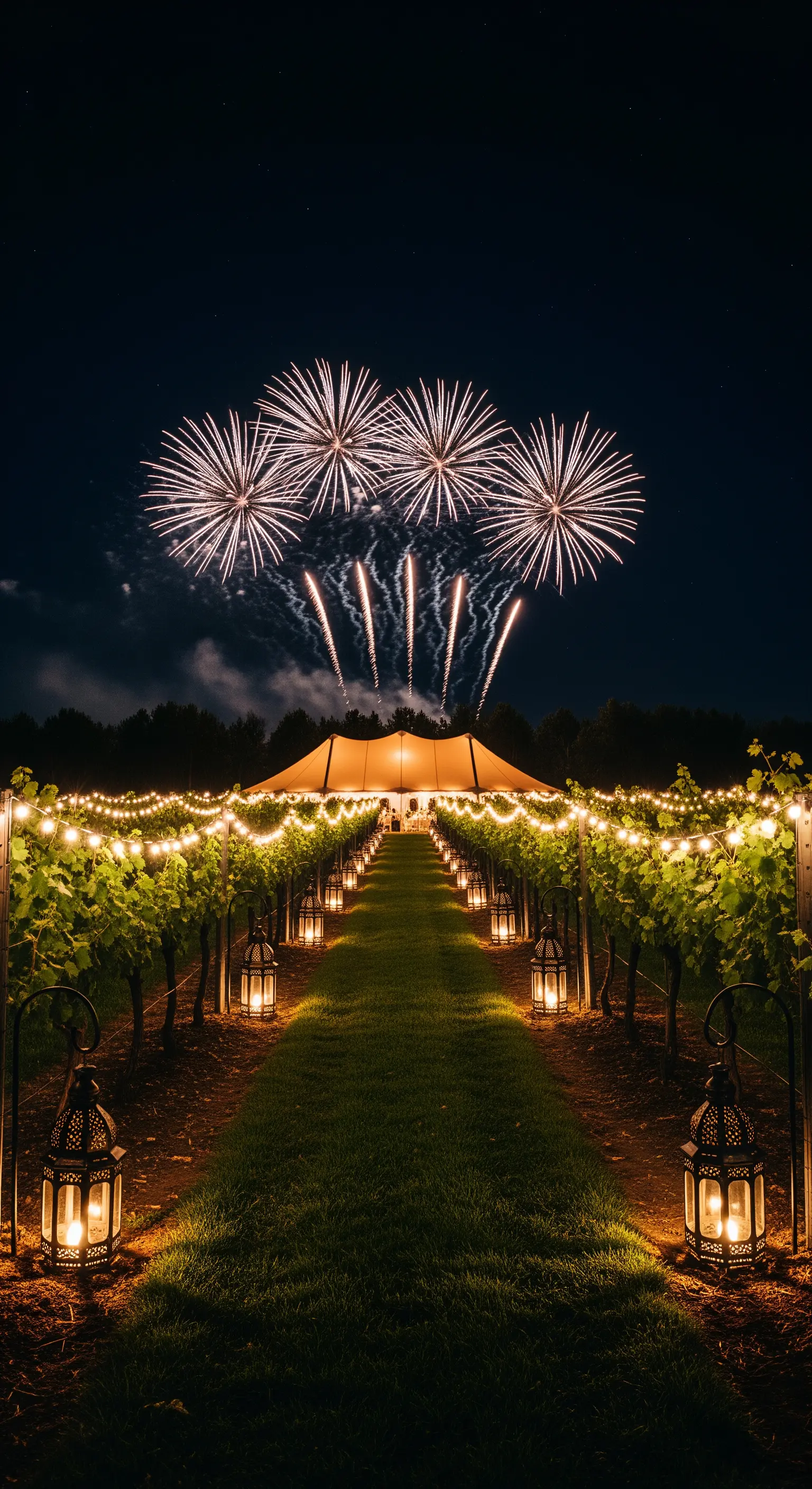 Sentiero in un vigneto illuminato da lucine e lanterne che conduce a una tensostruttura