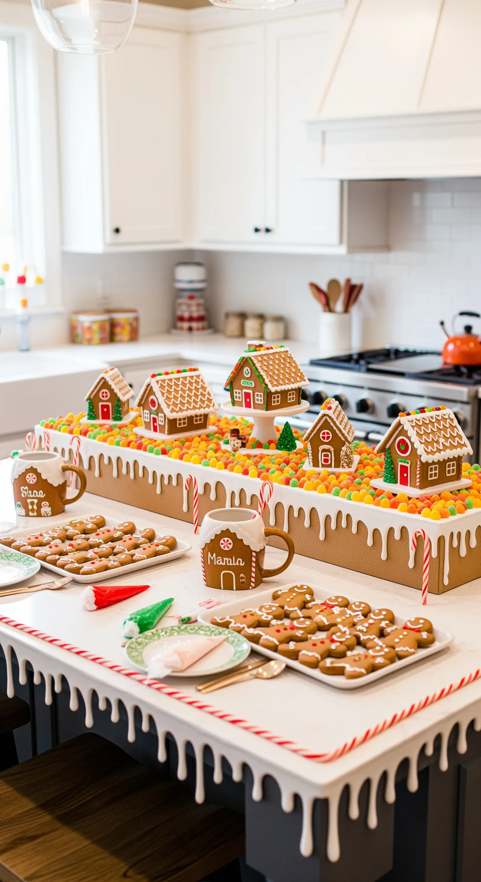 Centrotavola a forma di villaggio di pan di zenzero su un'isola di cucina bianca, con caramelle colorate.