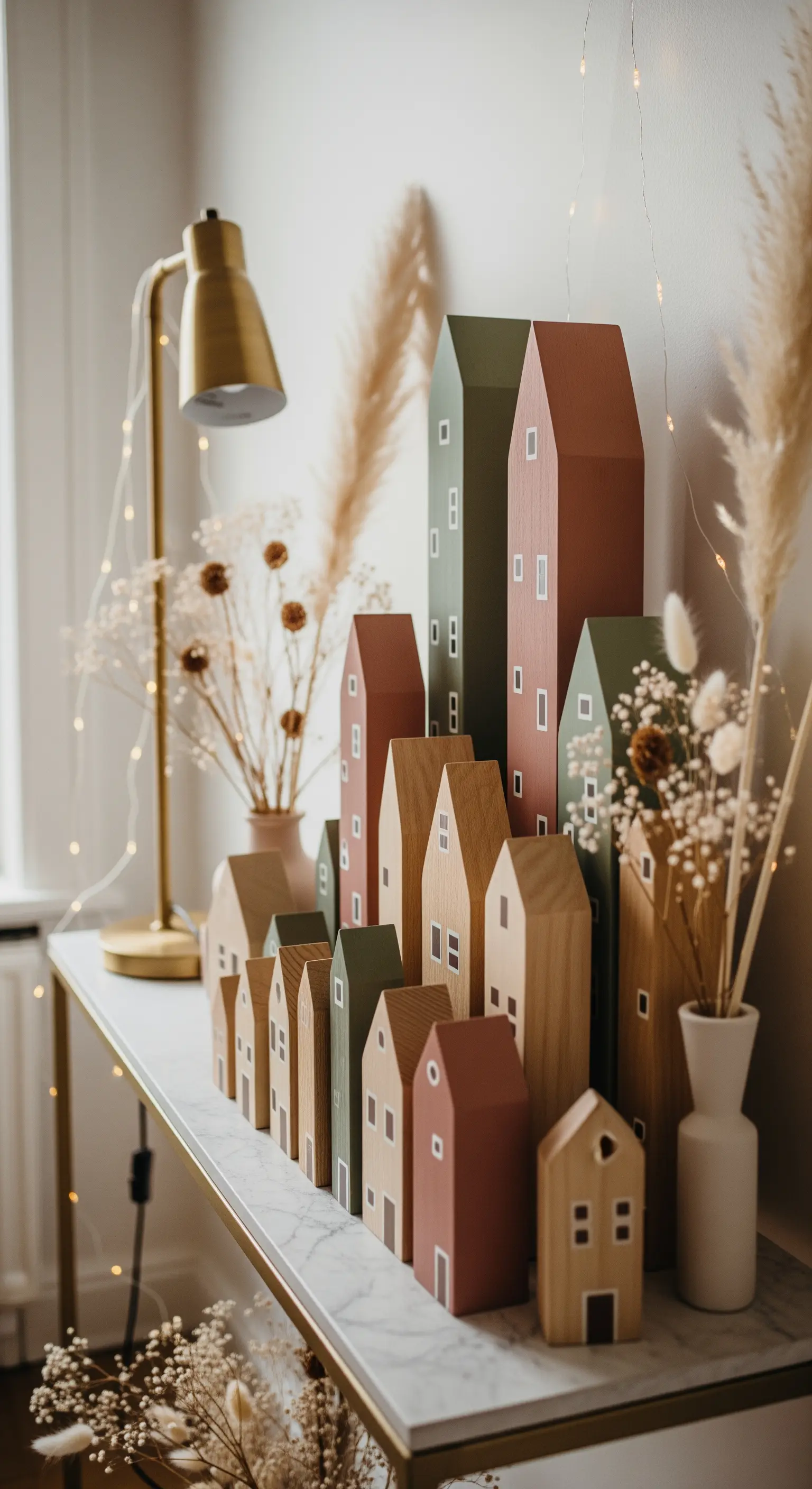 Casette di legno dipinte in colori pastello e terra, accostate a fiori secchi su una consolle.