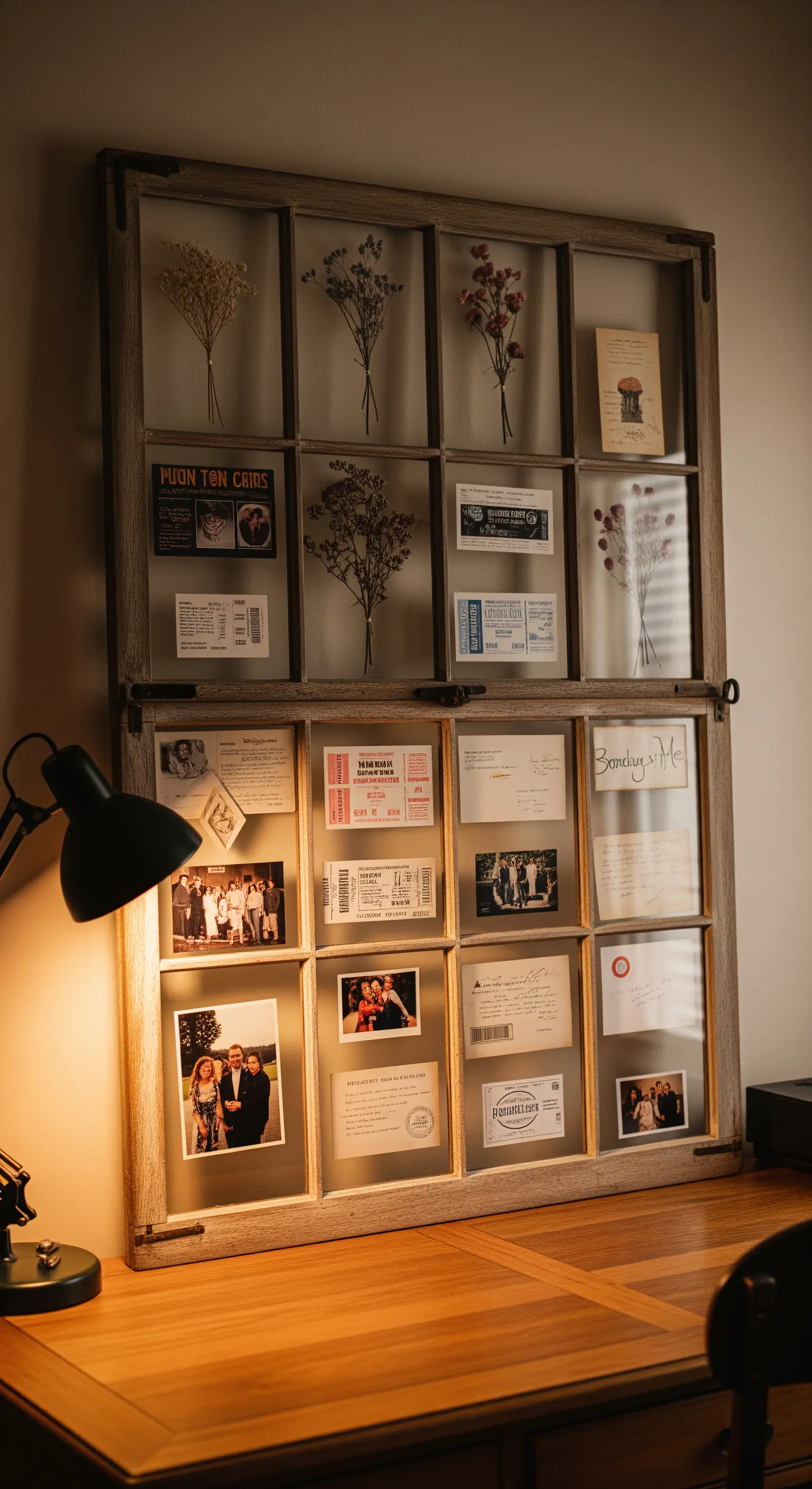 Grande finestra usata come bacheca sopra una scrivania, piena di biglietti, foto e fiori secchi.