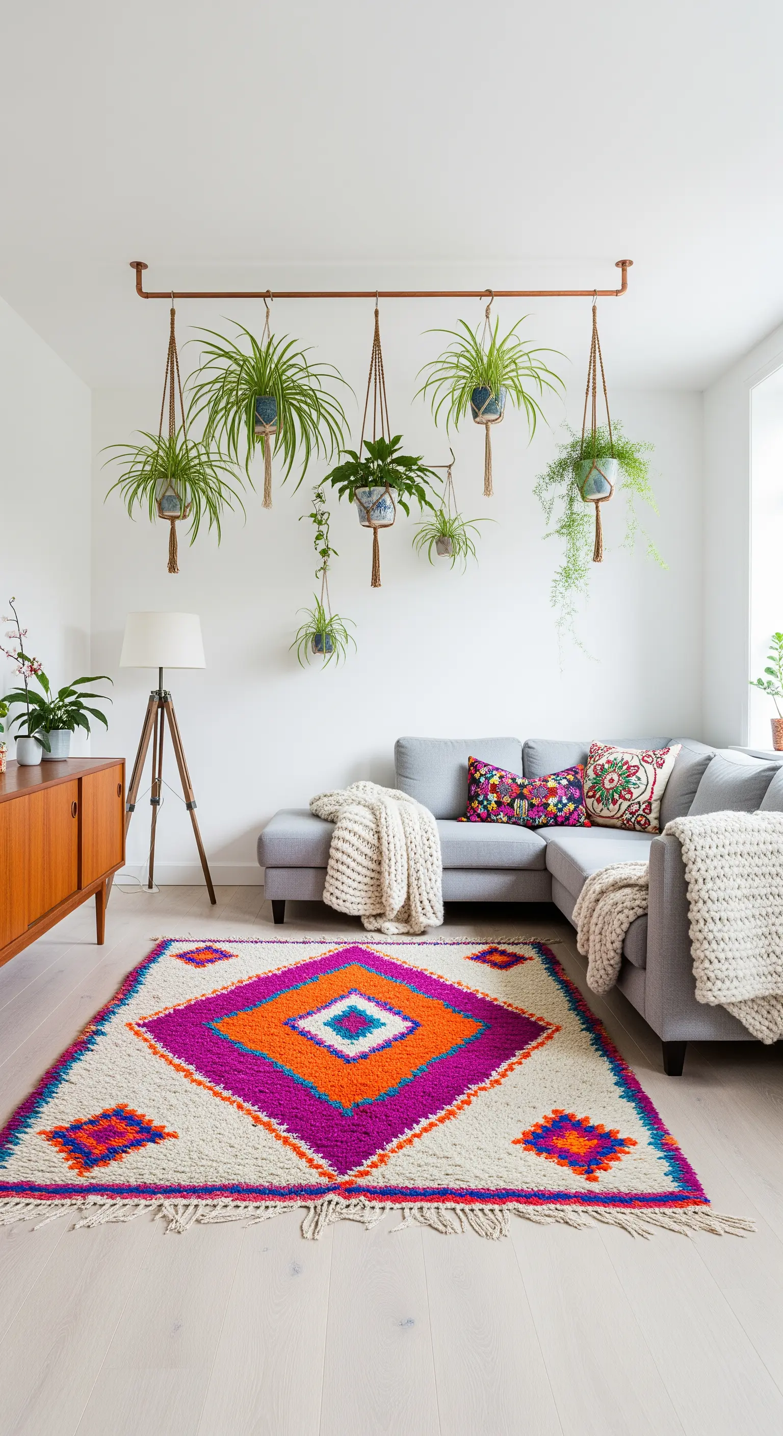 Piante sospese a un tubo di rame sopra un divano grigio in un salotto moderno e luminoso.