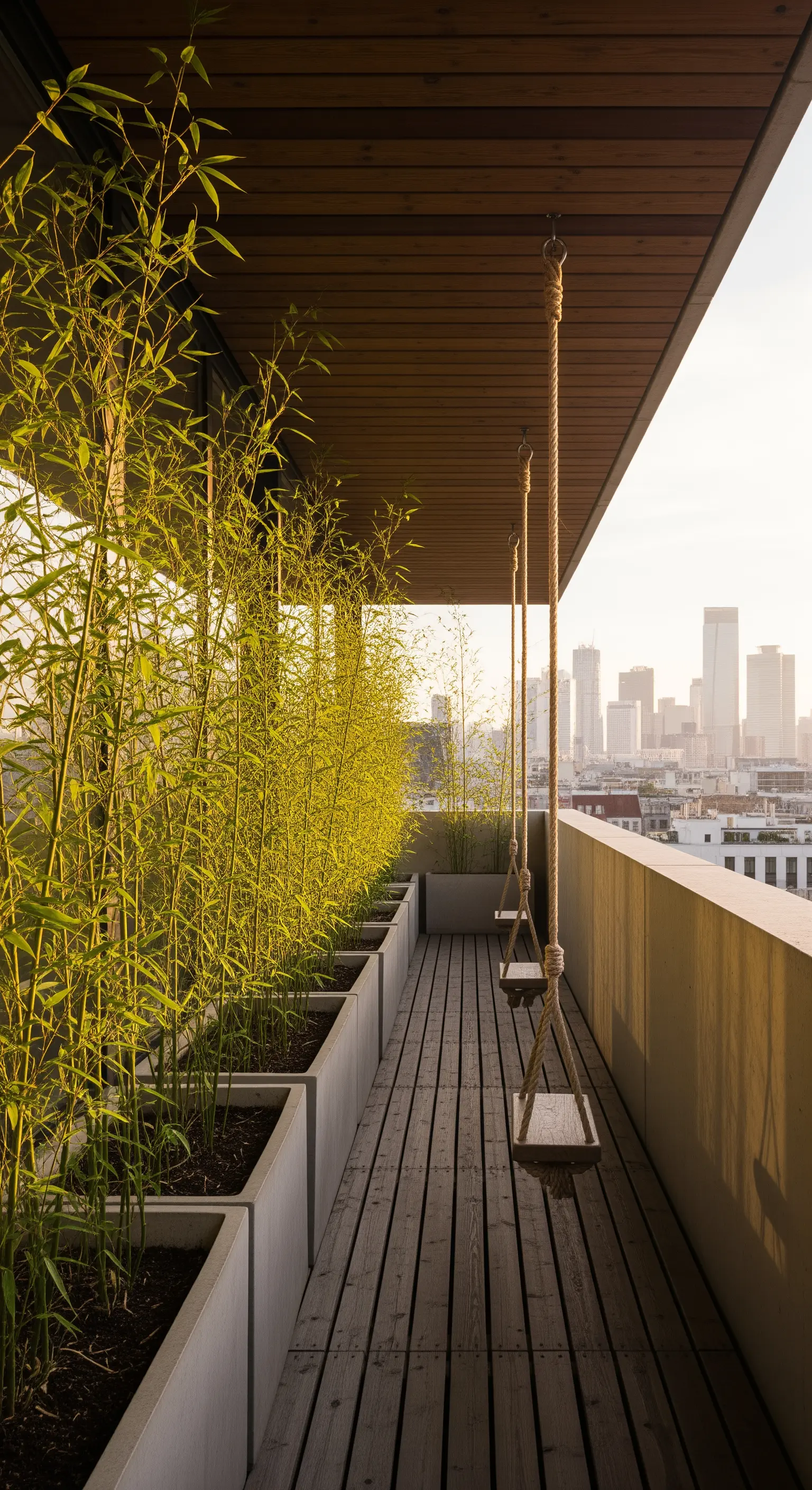 Balcone lungo e stretto con altalene in legno e una fila di piante di bambù in vaso.