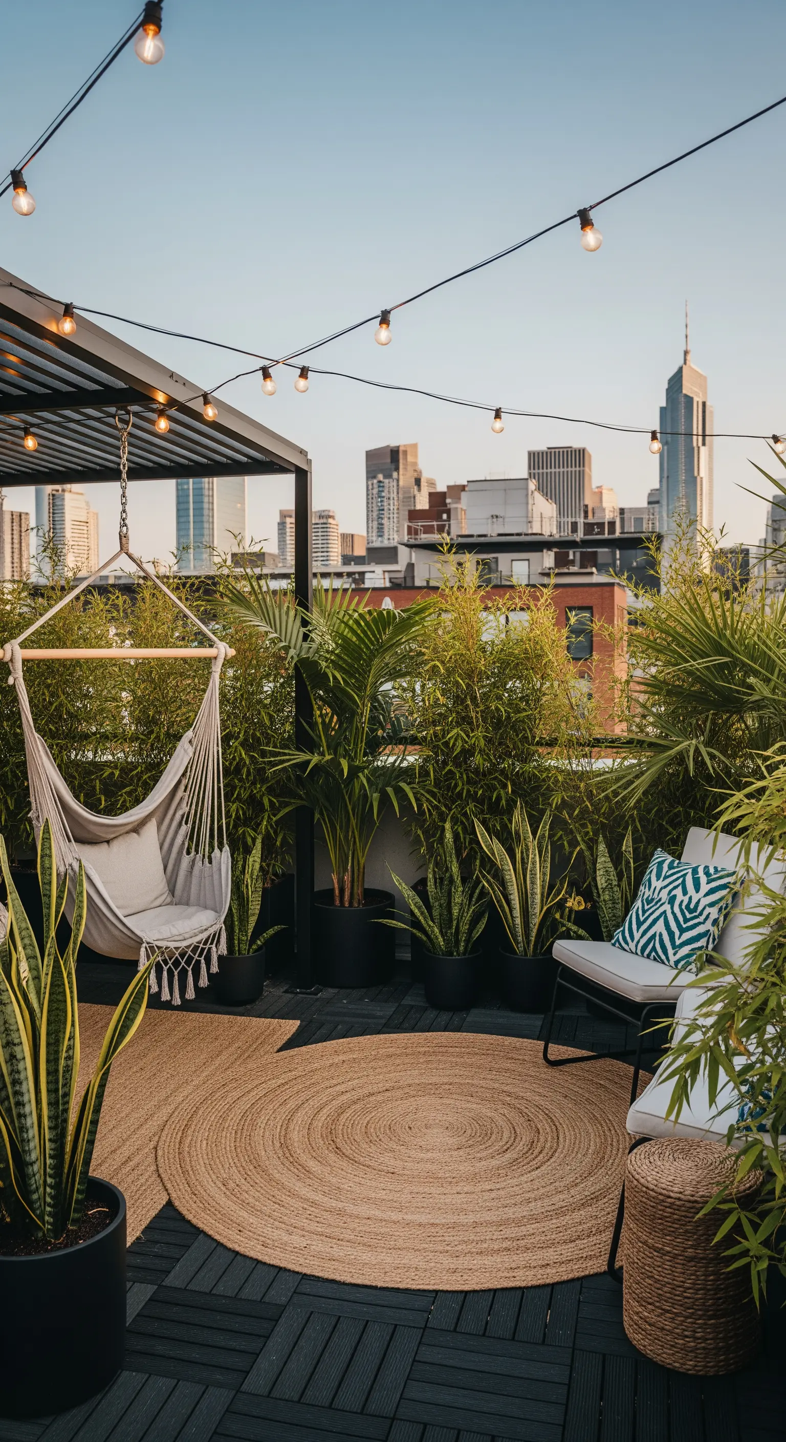 Terrazza urbana con sedia-amaca, piante rigogliose, tappeto di iuta e luci a stringa.