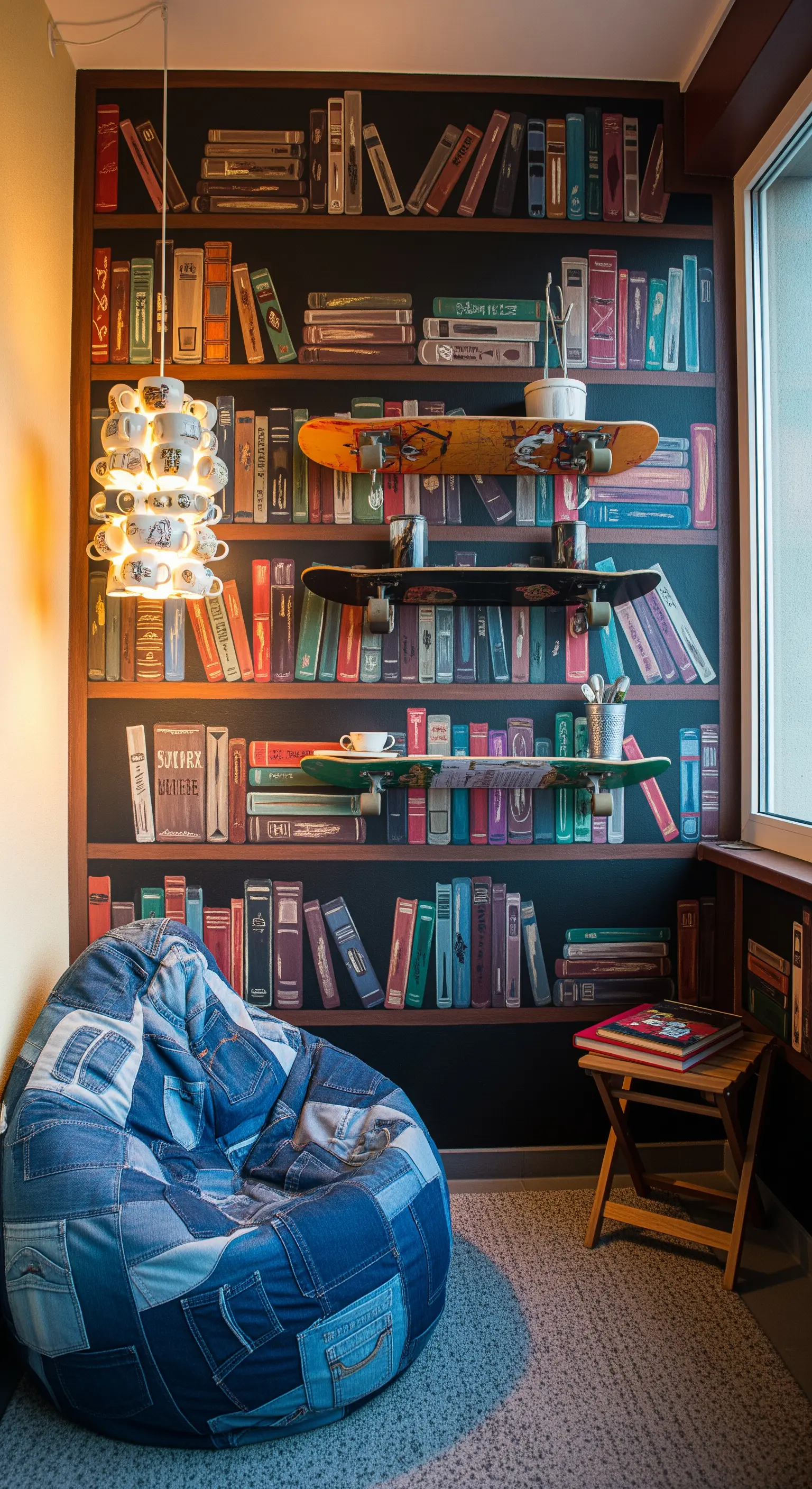Balcone con murale a trompe-l'œil di una libreria e mensole fatte con skateboard.